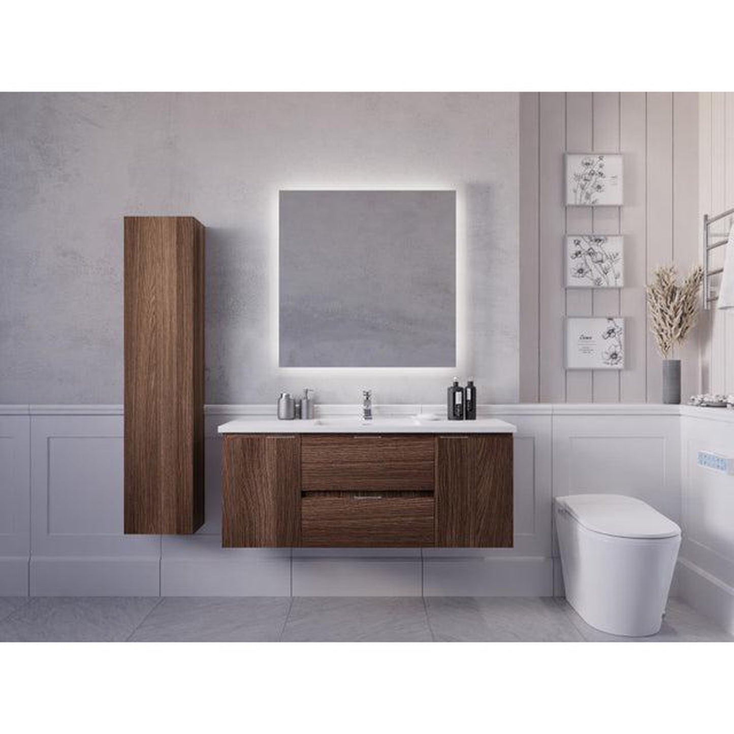 ANZZI Conques 48" x 20" Dark Brown Solid Wood Bathroom Vanity With Glossy White Countertop With Sink, 36" LED Mirror and Side Cabinet