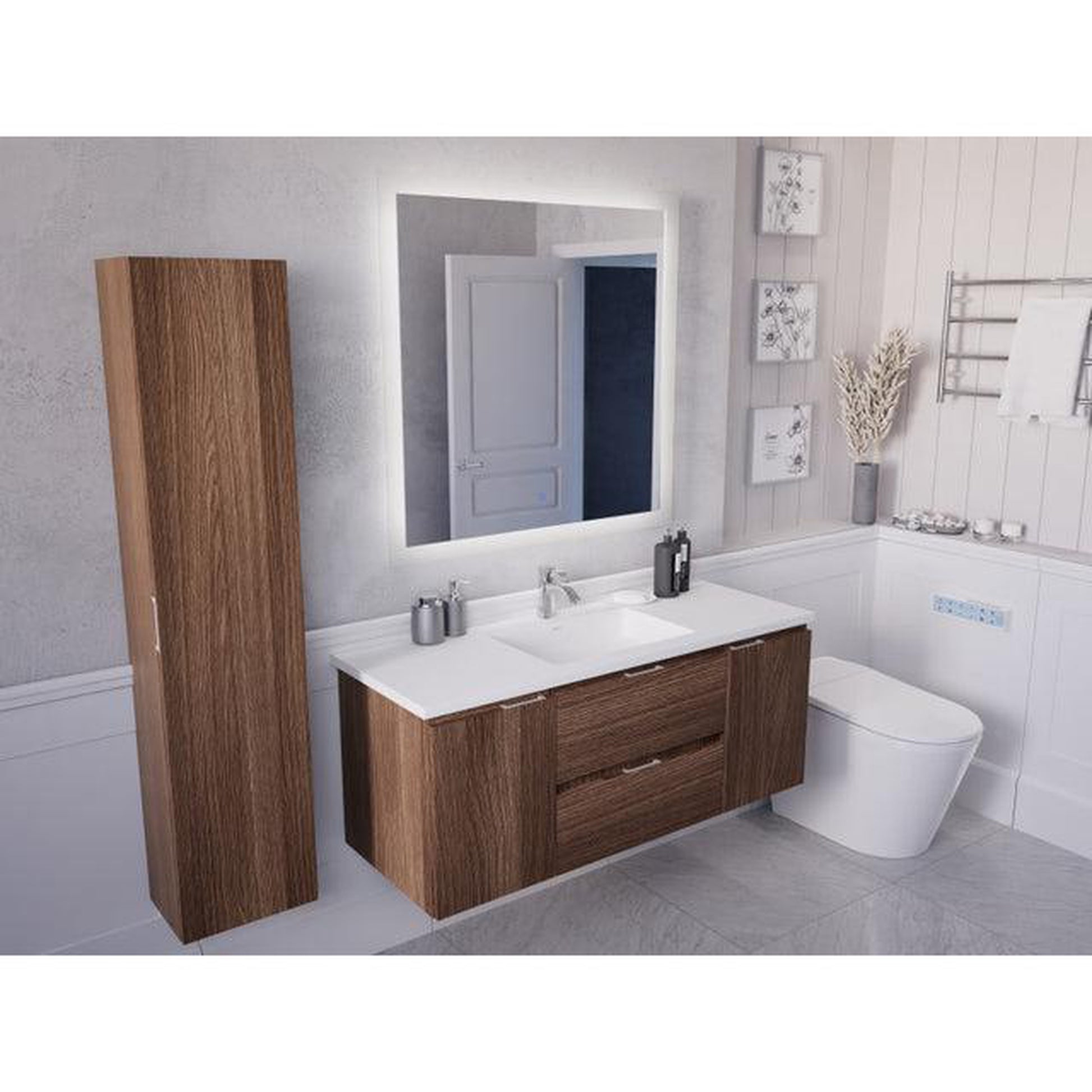 ANZZI Conques 48" x 20" Dark Brown Solid Wood Bathroom Vanity With Glossy White Countertop With Sink, 36" LED Mirror and Side Cabinet