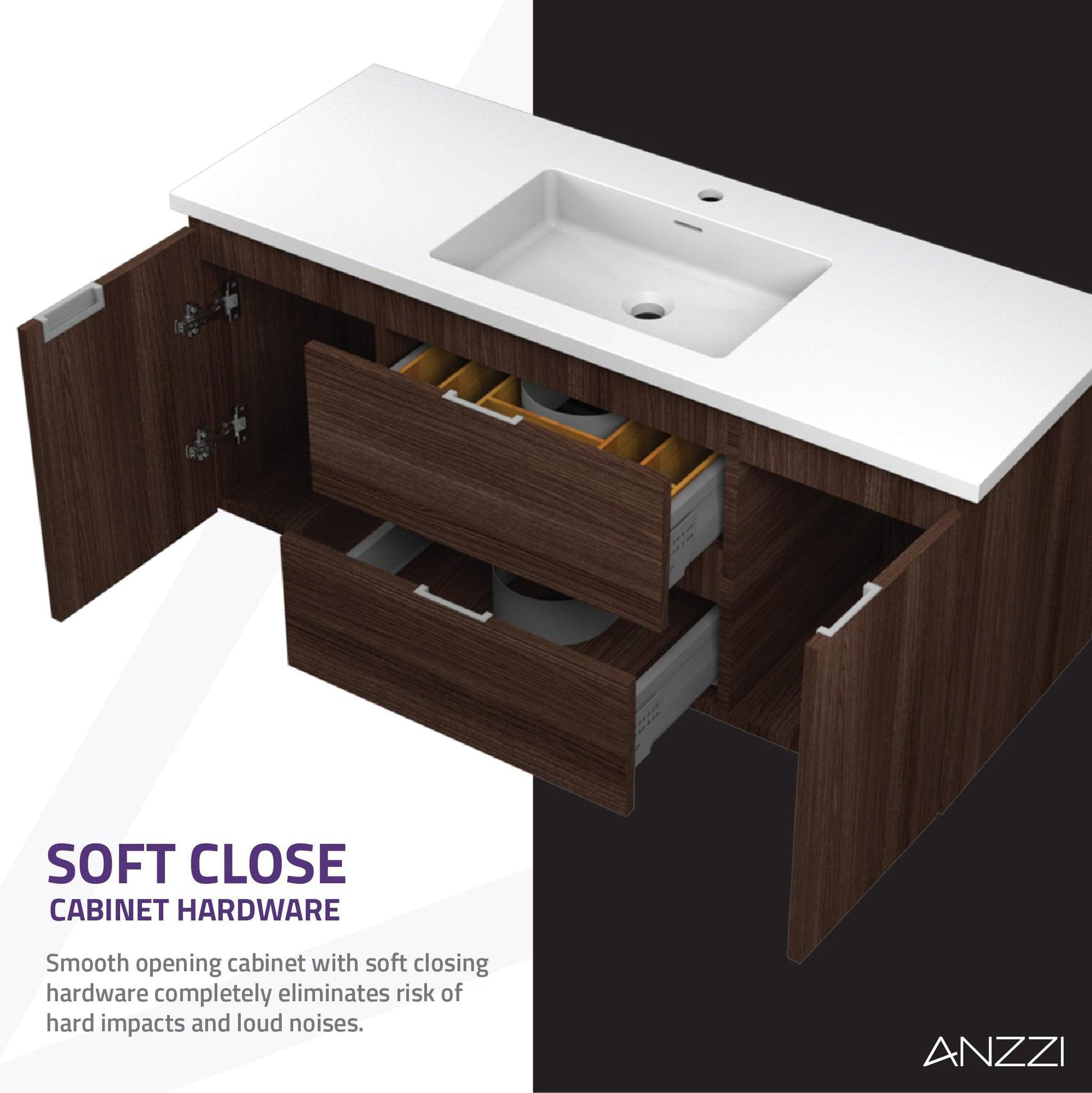 ANZZI Conques 48" x 20" Dark Brown Solid Wood Bathroom Vanity With Glossy White Countertop With Sink, 36" LED Mirror and Side Cabinet