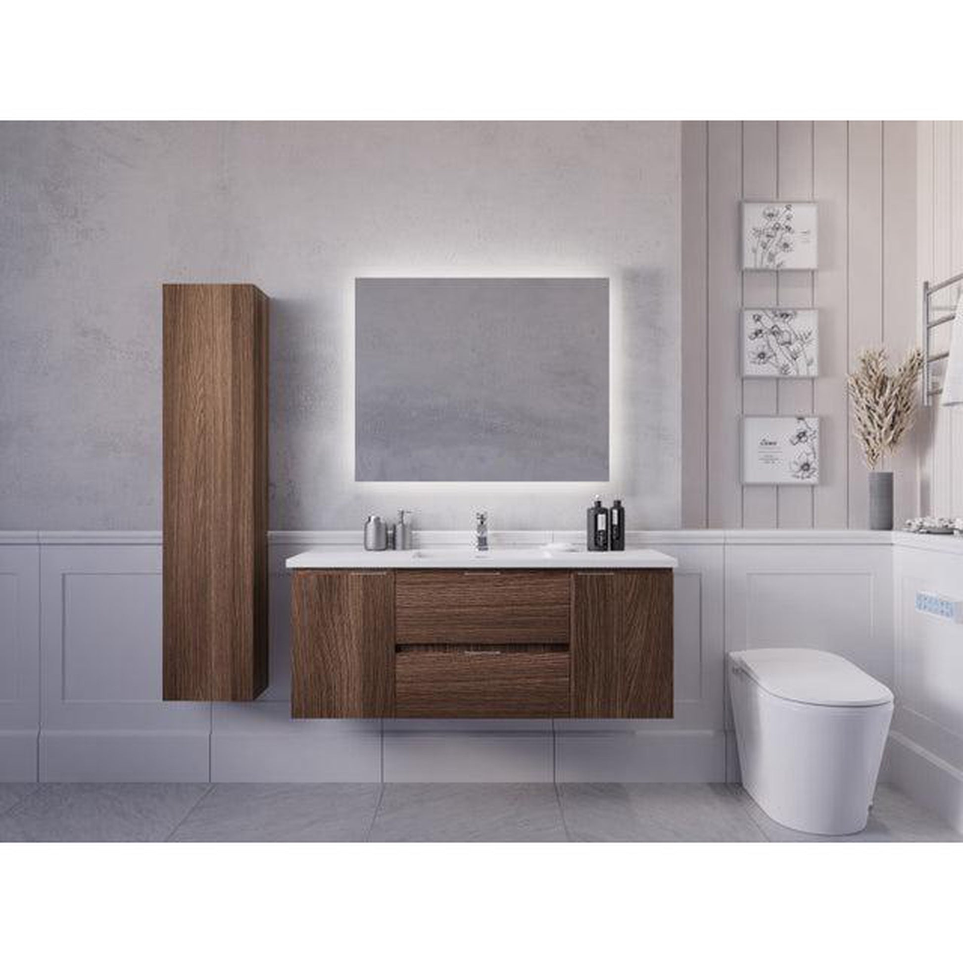 ANZZI Conques 48" x 20" Dark Brown Solid Wood Bathroom Vanity With Glossy White Countertop With Sink, 39" LED Mirror and Side Cabinet