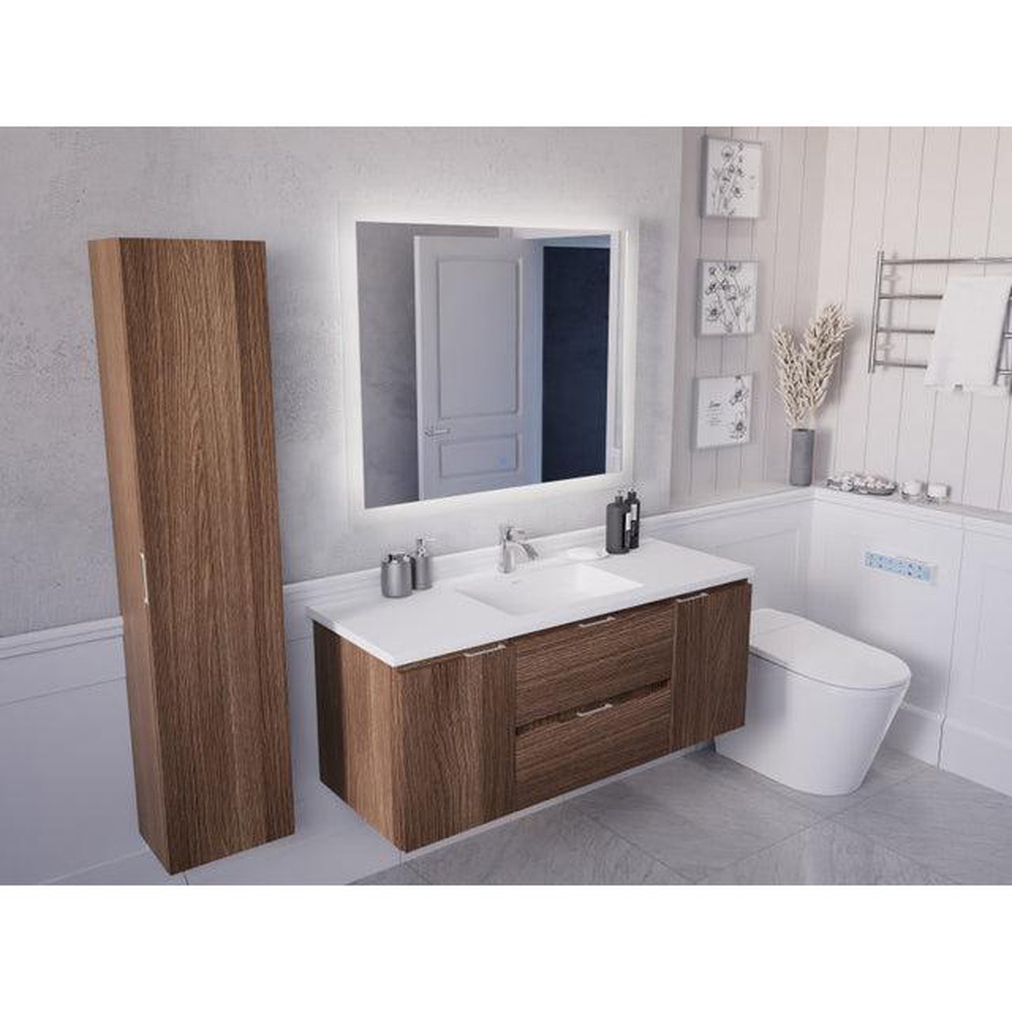 ANZZI Conques 48" x 20" Dark Brown Solid Wood Bathroom Vanity With Glossy White Countertop With Sink, 39" LED Mirror and Side Cabinet