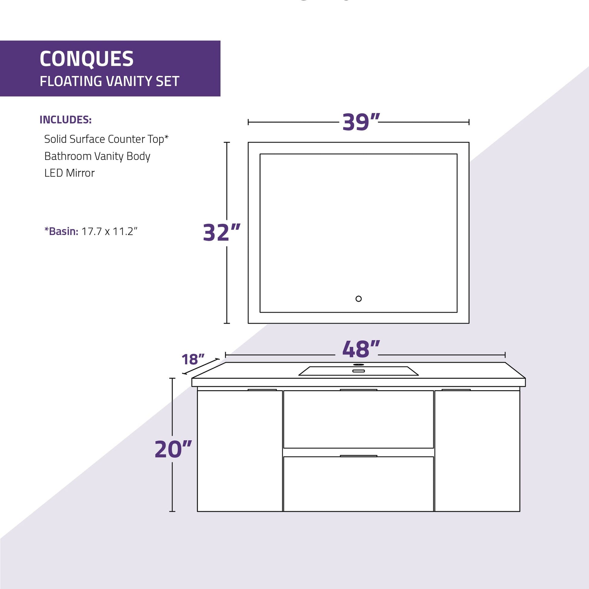 ANZZI Conques 48" x 20" Dark Brown Solid Wood Bathroom Vanity With Glossy White Countertop With Sink and 39" LED Mirror