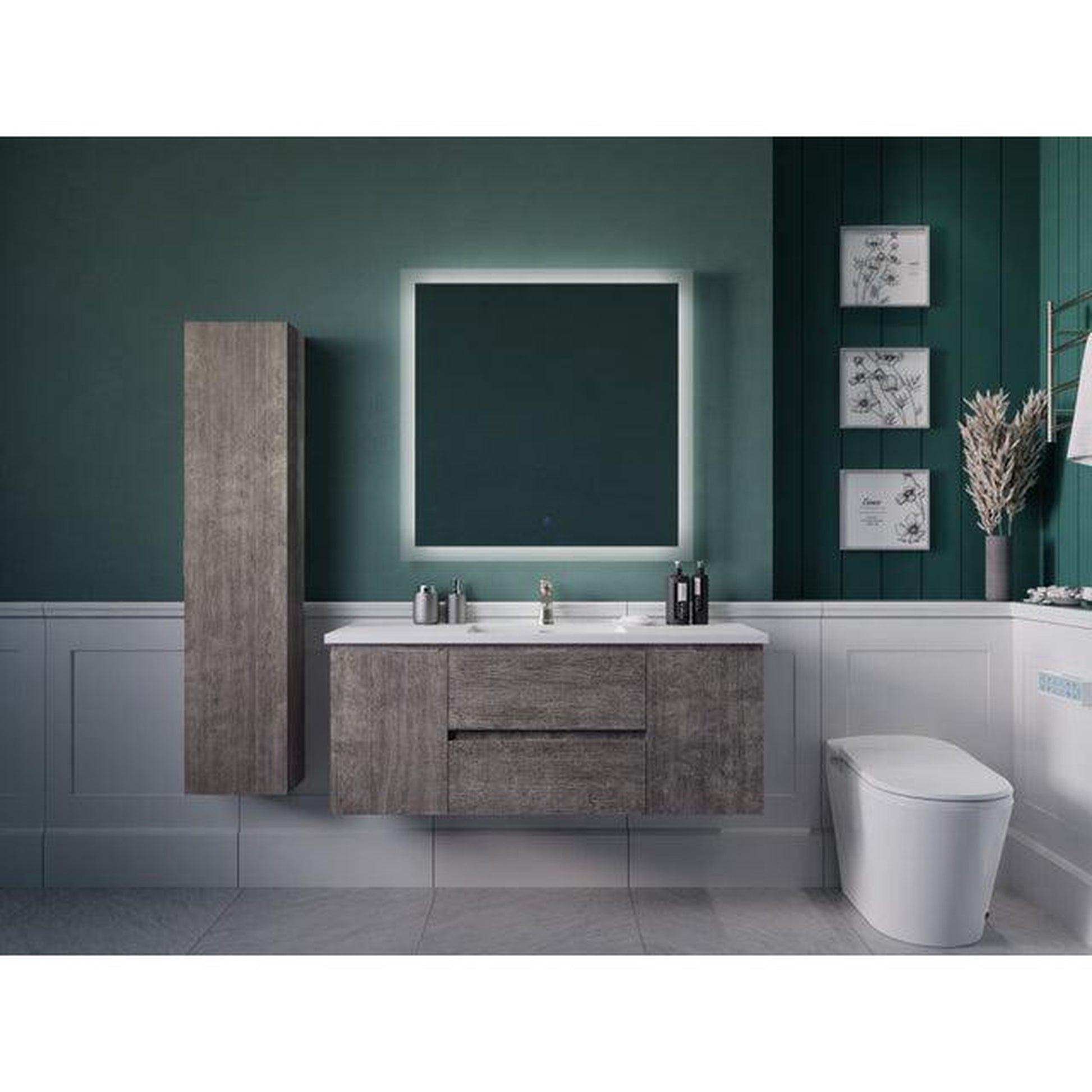 ANZZI Conques 48" x 20" Rich Gray Solid Wood Bathroom Vanity With Glossy White Countertop With Sink, 36" LED Mirror and Side Cabinet