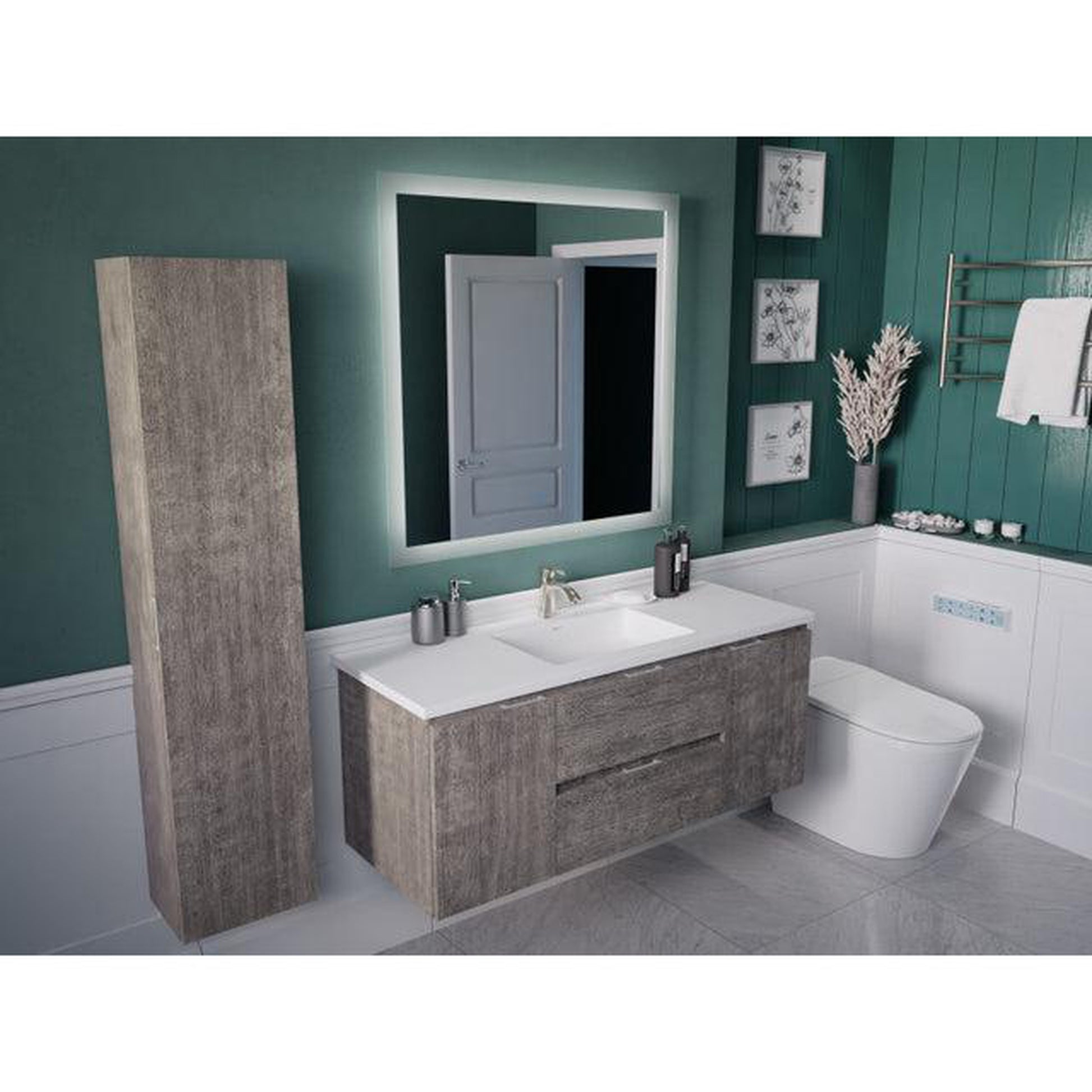 ANZZI Conques 48" x 20" Rich Gray Solid Wood Bathroom Vanity With Glossy White Countertop With Sink, 36" LED Mirror and Side Cabinet