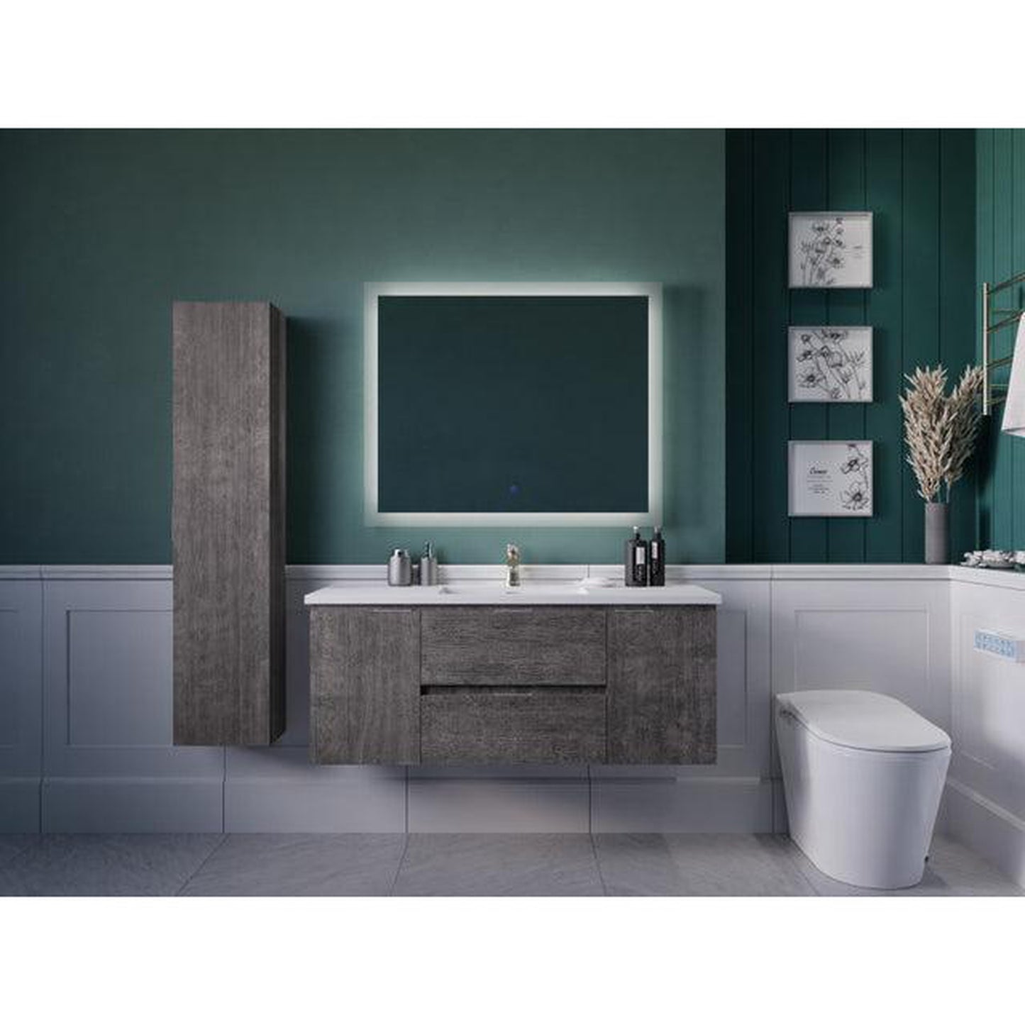 ANZZI Conques 48" x 20" Rich Gray Solid Wood Bathroom Vanity With Glossy White Countertop With Sink, 39" LED Mirror and Side Cabinet