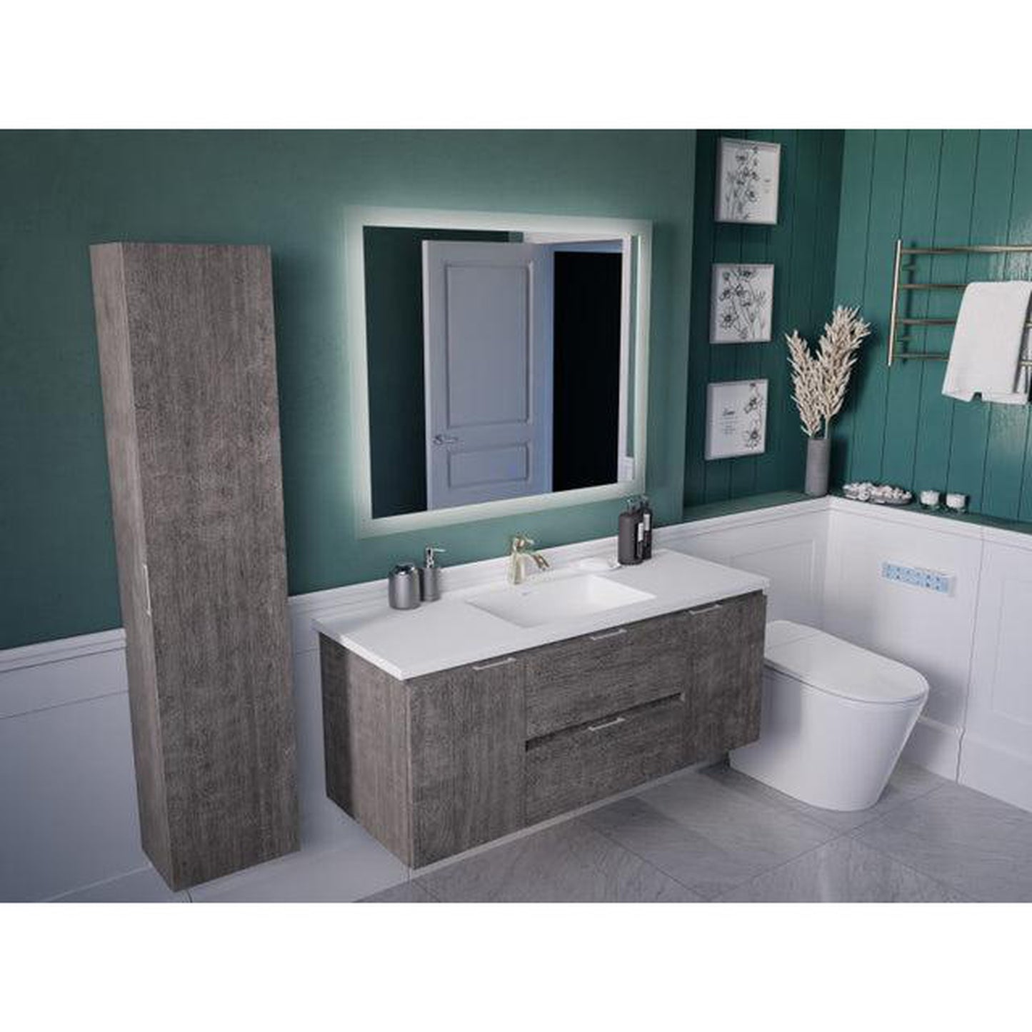 ANZZI Conques 48" x 20" Rich Gray Solid Wood Bathroom Vanity With Glossy White Countertop With Sink, 39" LED Mirror and Side Cabinet