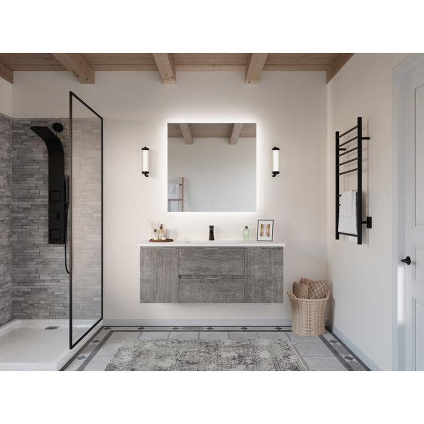 ANZZI Conques 48" x 20" Rich Gray Solid Wood Bathroom Vanity With Glossy White Countertop With Sink and 36" LED Mirror