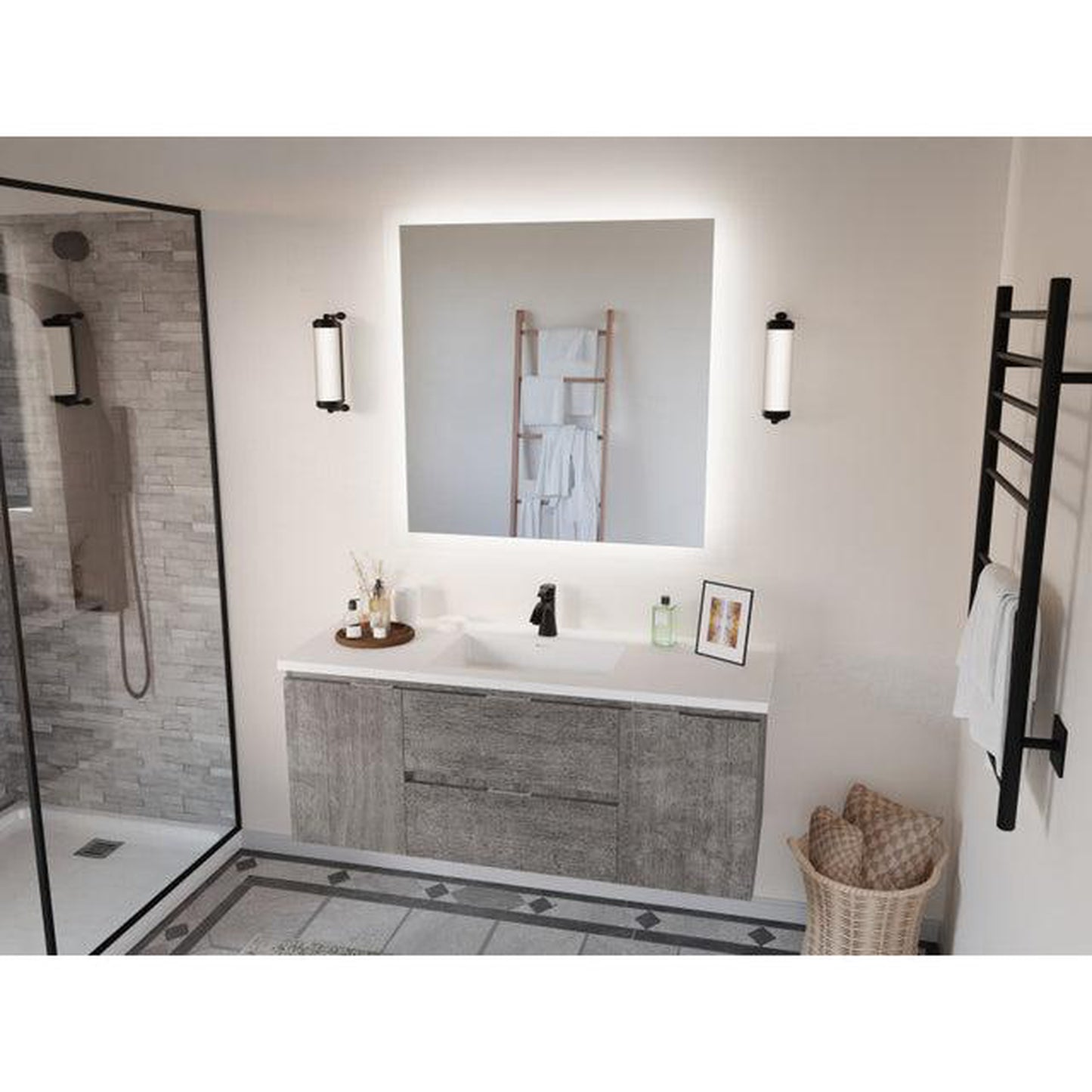 ANZZI Conques 48" x 20" Rich Gray Solid Wood Bathroom Vanity With Glossy White Countertop With Sink and 36" LED Mirror