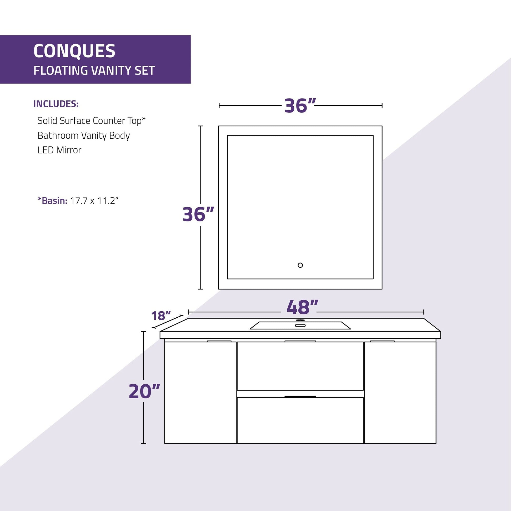 ANZZI Conques 48" x 20" Rich Gray Solid Wood Bathroom Vanity With Glossy White Countertop With Sink and 36" LED Mirror