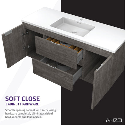 ANZZI Conques 48" x 20" Rich Gray Solid Wood Bathroom Vanity With Glossy White Countertop With Sink and 36" LED Mirror