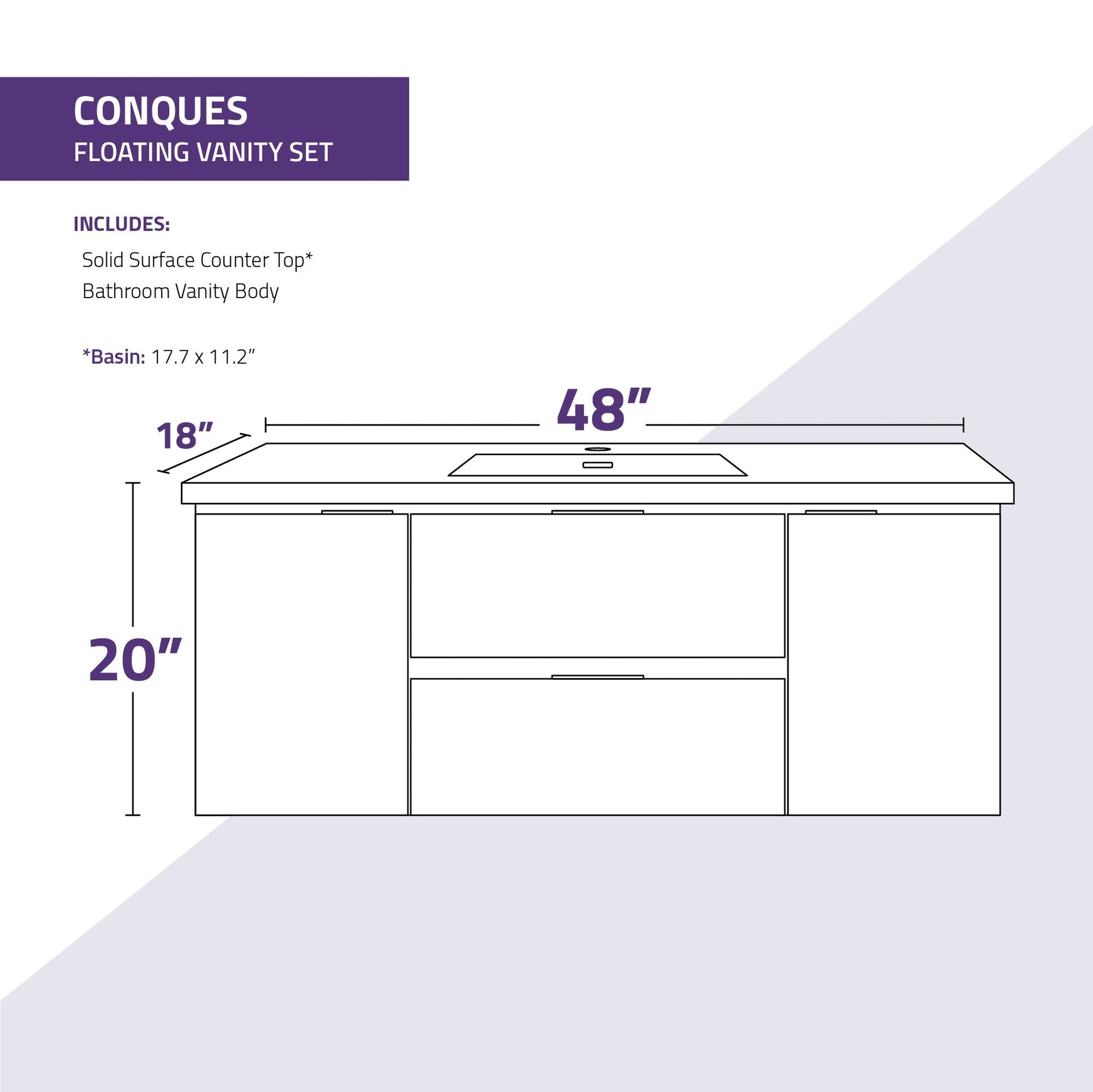 ANZZI Conques 48" x 20" Rich Gray Solid Wood Bathroom Vanity With Glossy White Sink and Countertop