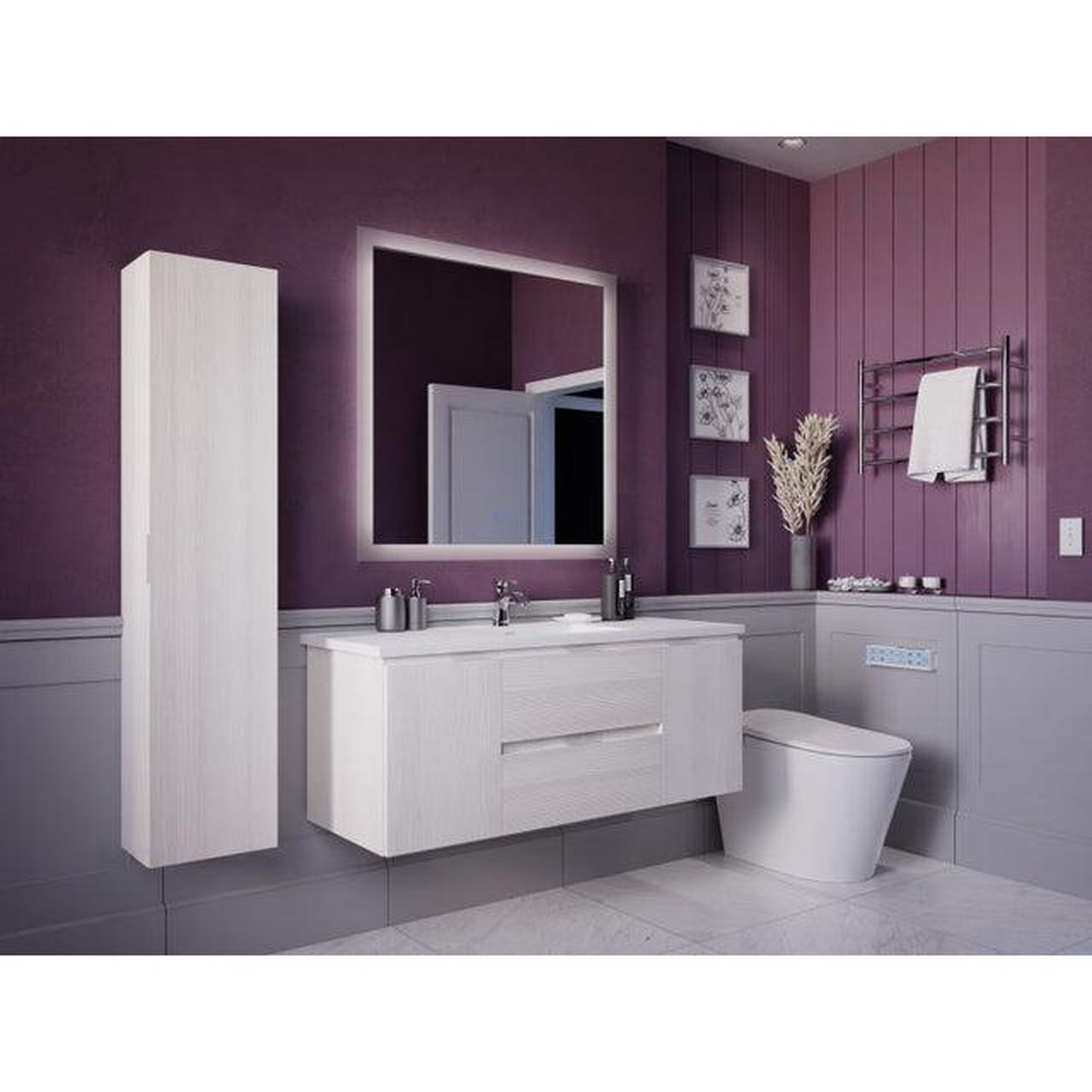 ANZZI Conques 48" x 20" Rich White Solid Wood Bathroom Vanity With Glossy White Countertop With Sink, 36" LED Mirror and Side Cabinet