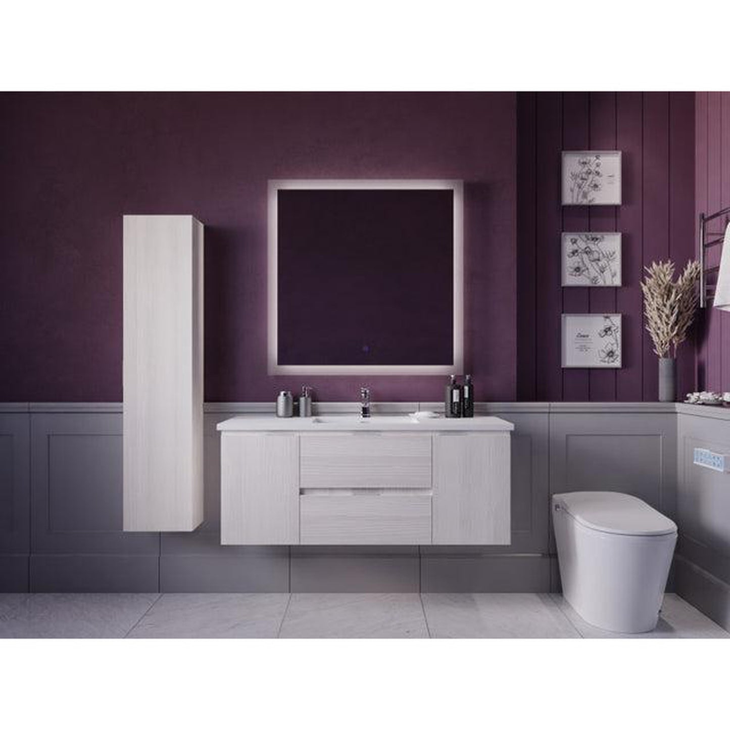 ANZZI Conques 48" x 20" Rich White Solid Wood Bathroom Vanity With Glossy White Countertop With Sink, 36" LED Mirror and Side Cabinet