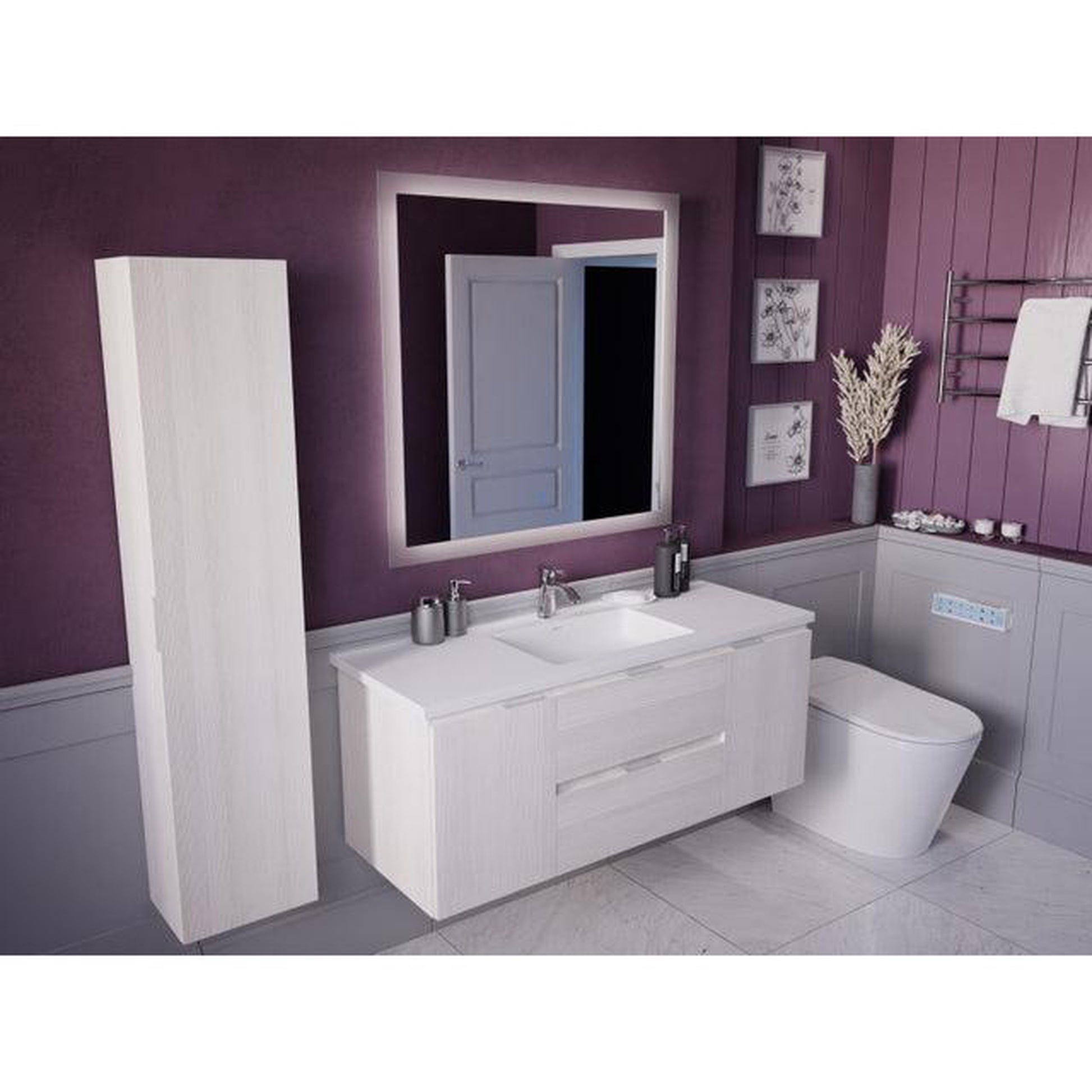 ANZZI Conques 48" x 20" Rich White Solid Wood Bathroom Vanity With Glossy White Countertop With Sink, 36" LED Mirror and Side Cabinet