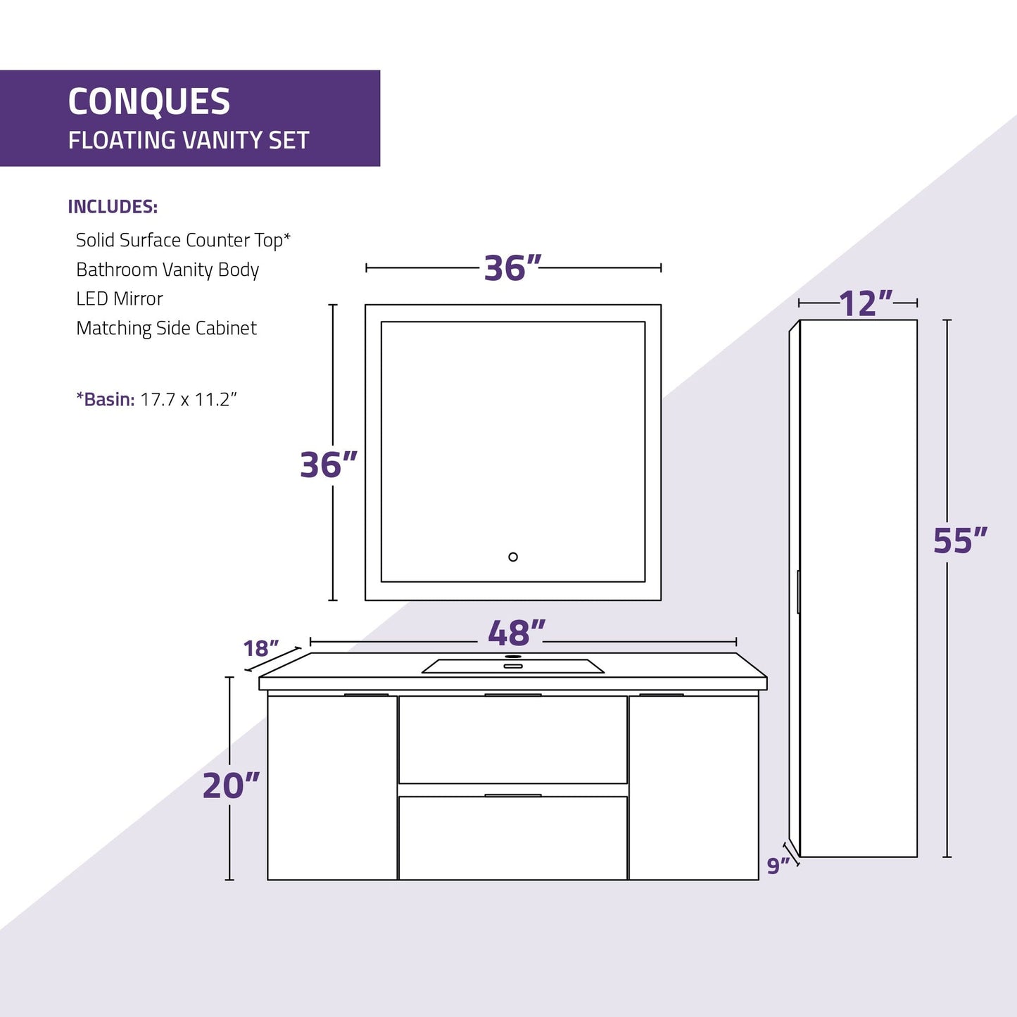 ANZZI Conques 48" x 20" Rich White Solid Wood Bathroom Vanity With Glossy White Countertop With Sink, 36" LED Mirror and Side Cabinet