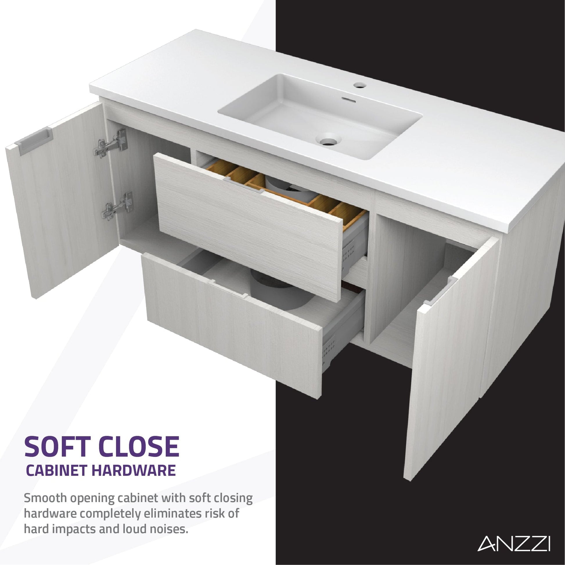 ANZZI Conques 48" x 20" Rich White Solid Wood Bathroom Vanity With Glossy White Countertop With Sink, 36" LED Mirror and Side Cabinet