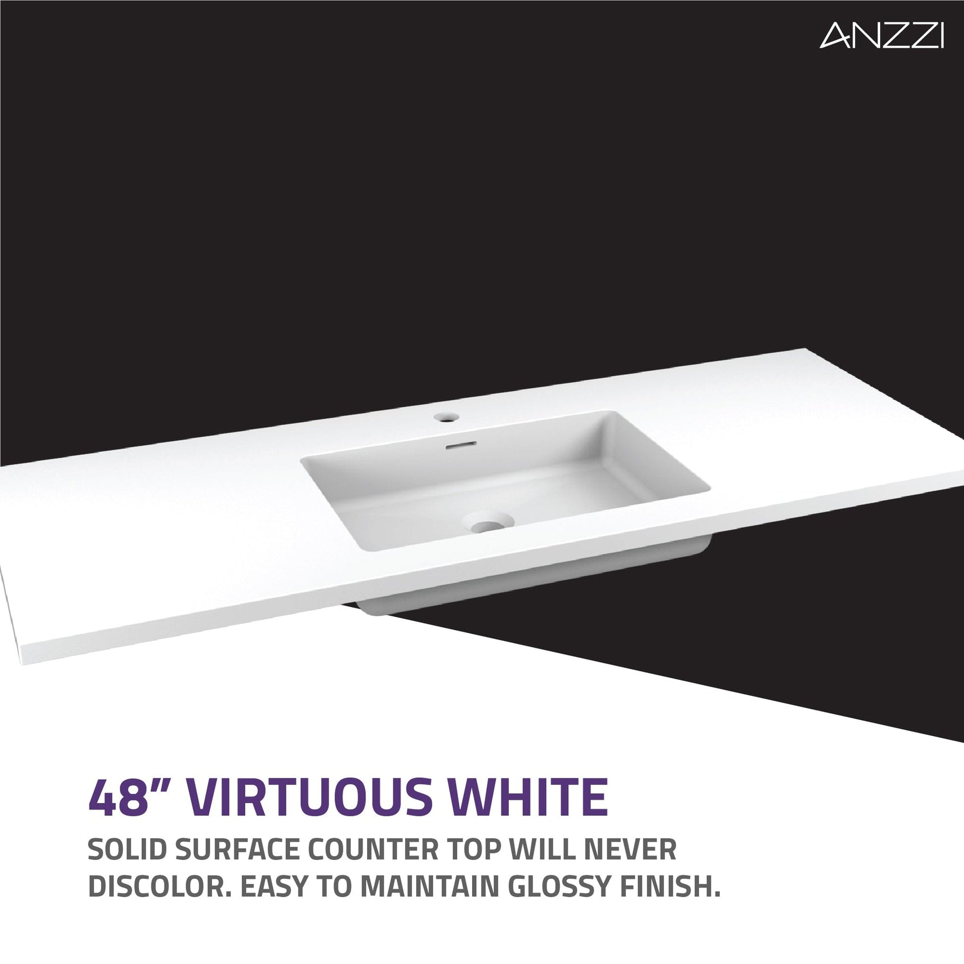 ANZZI Conques 48" x 20" Rich White Solid Wood Bathroom Vanity With Glossy White Countertop With Sink, 39" LED Mirror and Side Cabinet