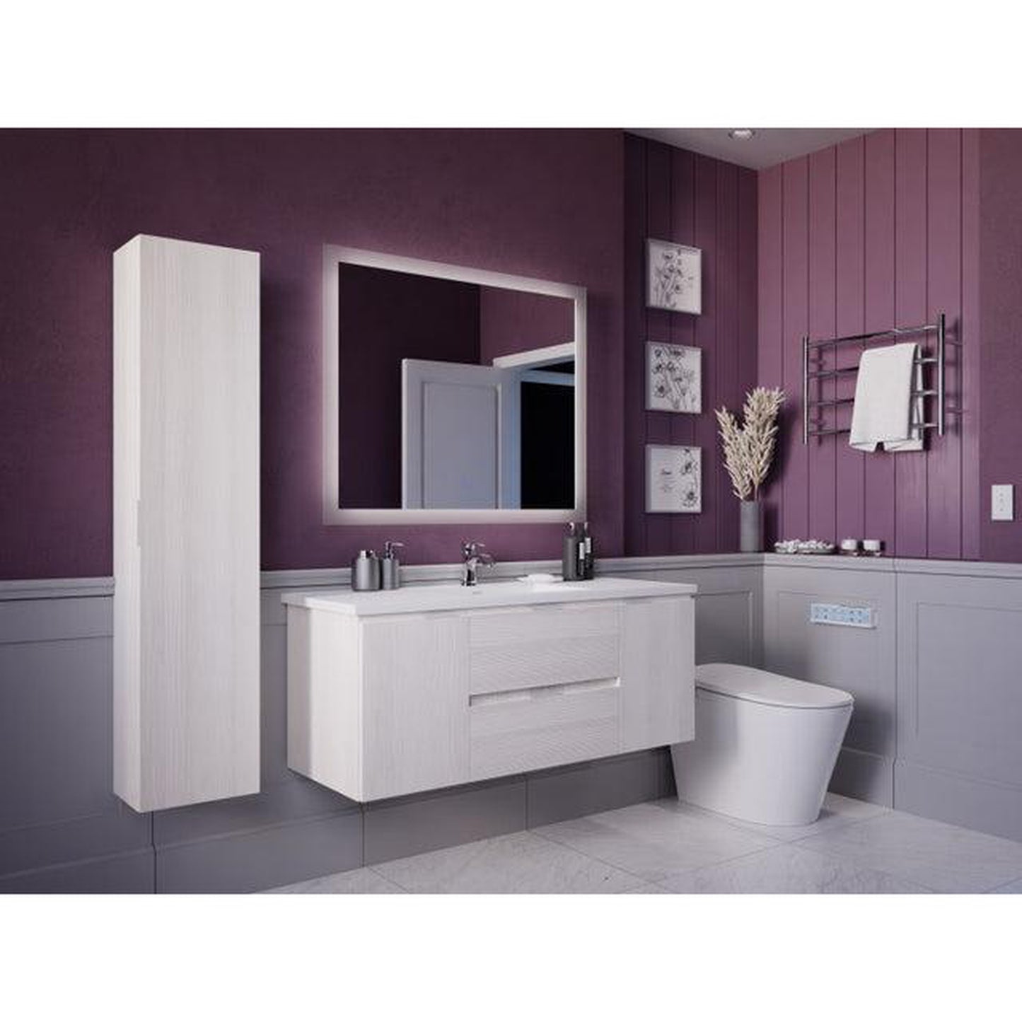 ANZZI Conques 48" x 20" Rich White Solid Wood Bathroom Vanity With Glossy White Countertop With Sink, 39" LED Mirror and Side Cabinet