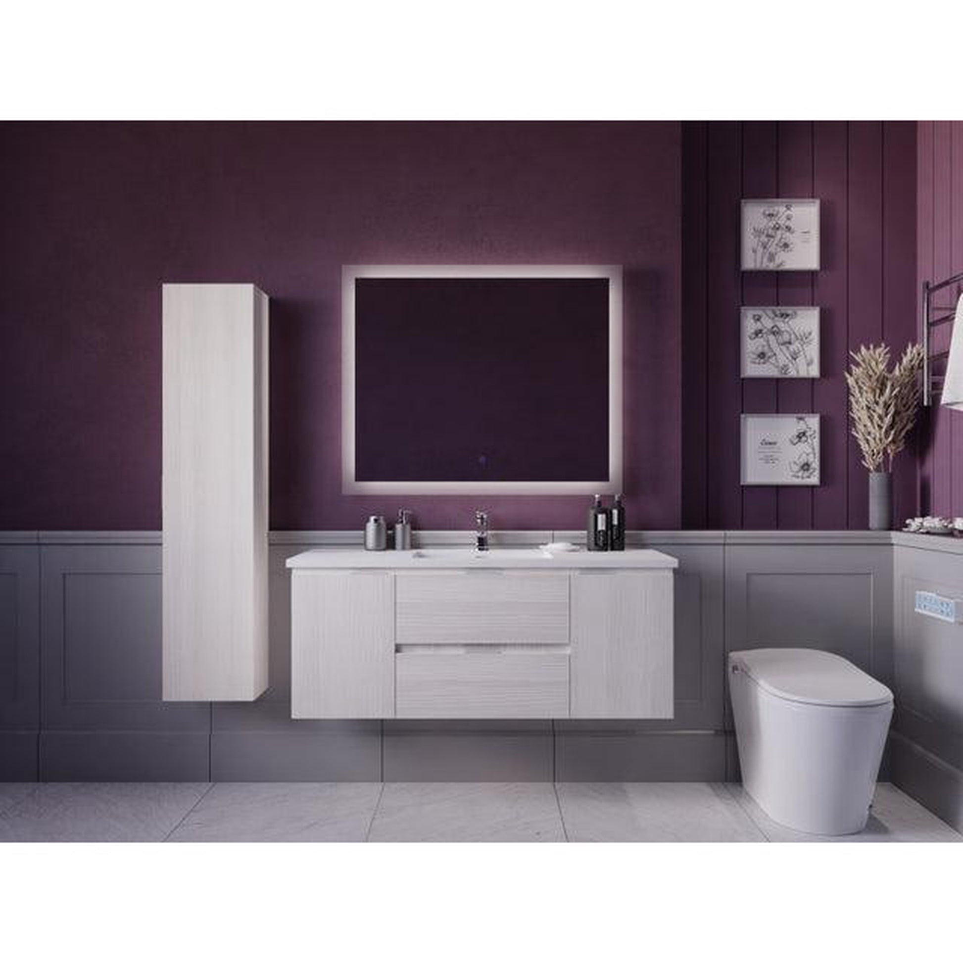 ANZZI Conques 48" x 20" Rich White Solid Wood Bathroom Vanity With Glossy White Countertop With Sink, 39" LED Mirror and Side Cabinet