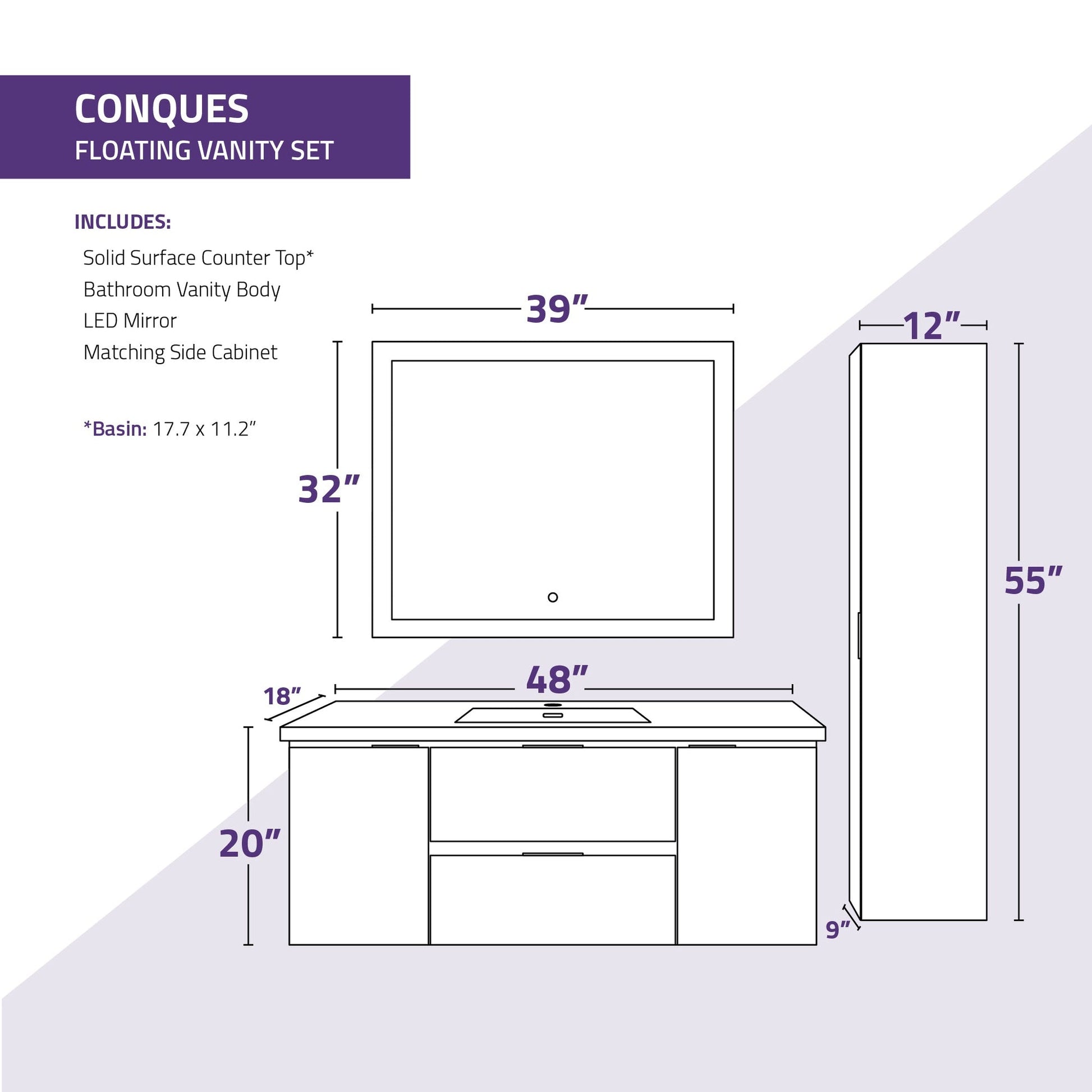 ANZZI Conques 48" x 20" Rich White Solid Wood Bathroom Vanity With Glossy White Countertop With Sink, 39" LED Mirror and Side Cabinet