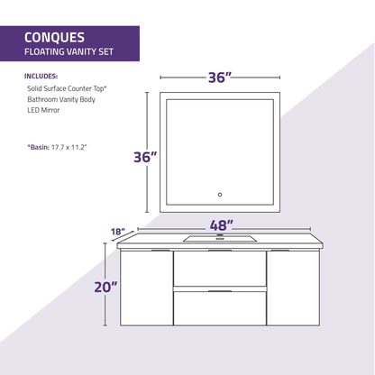 ANZZI Conques 48" x 20" Rich White Solid Wood Bathroom Vanity With Glossy White Countertop With Sink and 36" LED Mirror