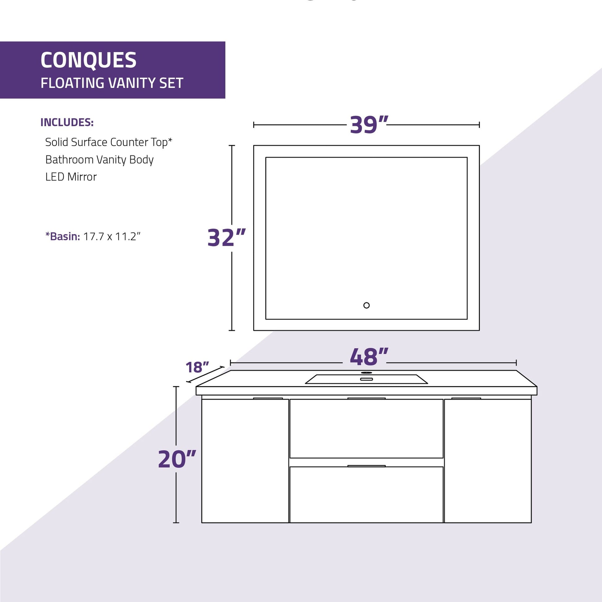 ANZZI Conques 48" x 20" Rich White Solid Wood Bathroom Vanity With Glossy White Countertop With Sink and 39" LED Mirror