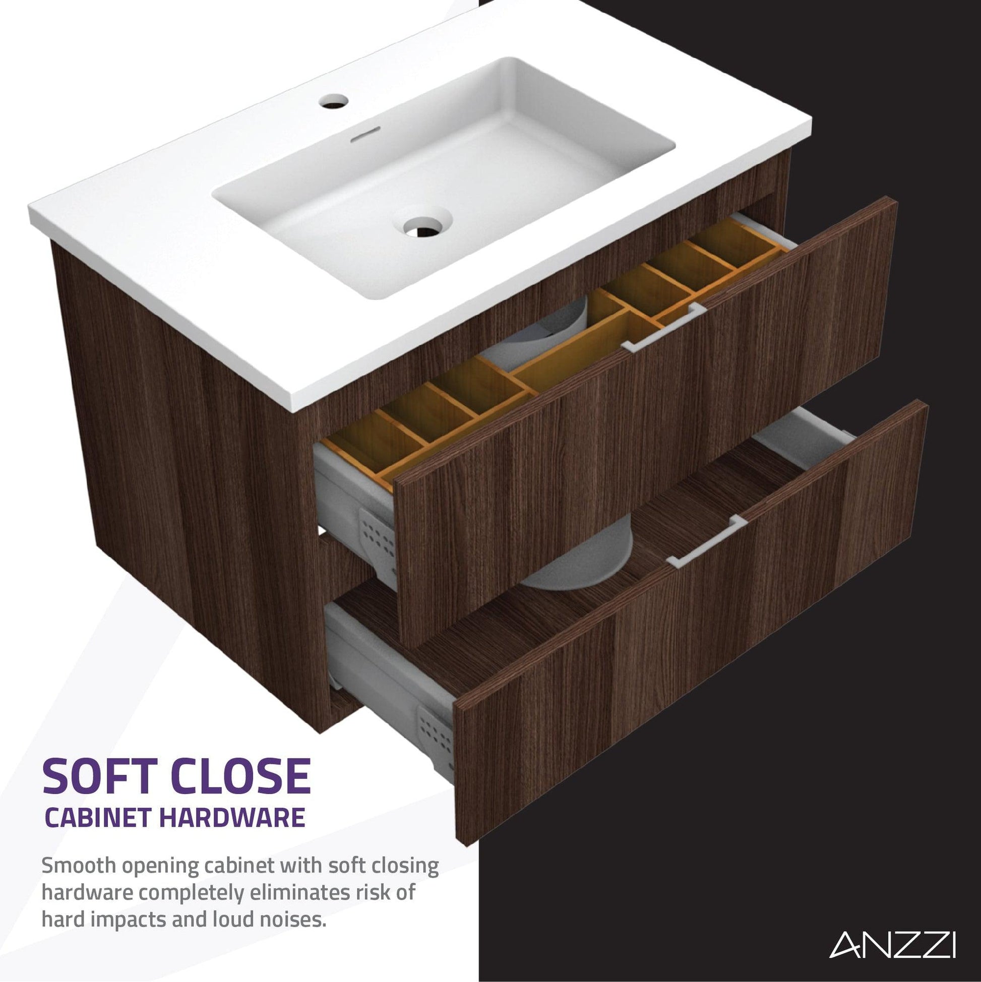 ANZZI Conques Series 30" x 20" Dark Brown Solid Wood Bathroom Vanity With Glossy White Countertop With Sink, 24" LED Mirror and Side Cabinet