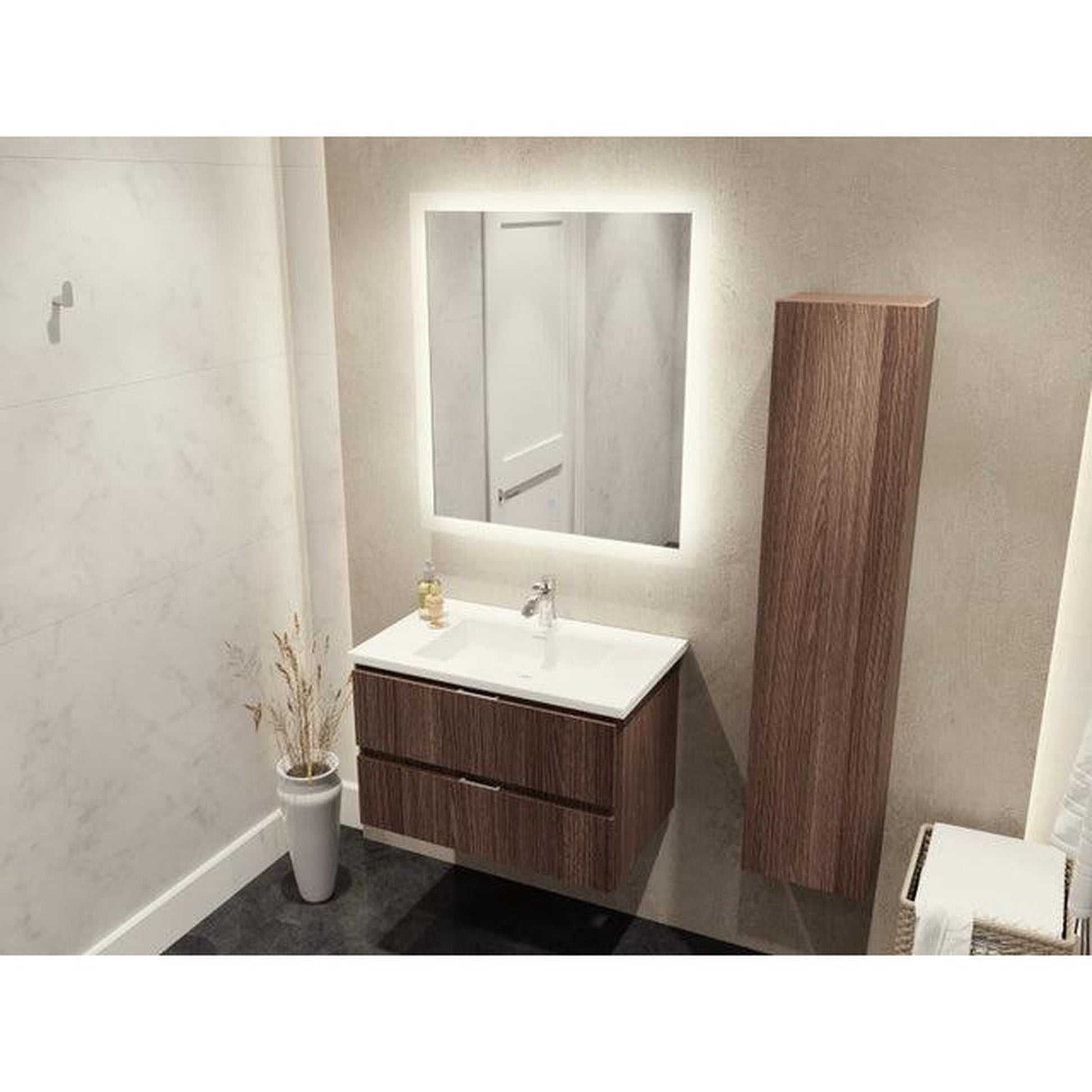 ANZZI Conques Series 30" x 20" Dark Brown Solid Wood Bathroom Vanity With Glossy White Countertop With Sink, 30" LED Mirror and Side Cabinet