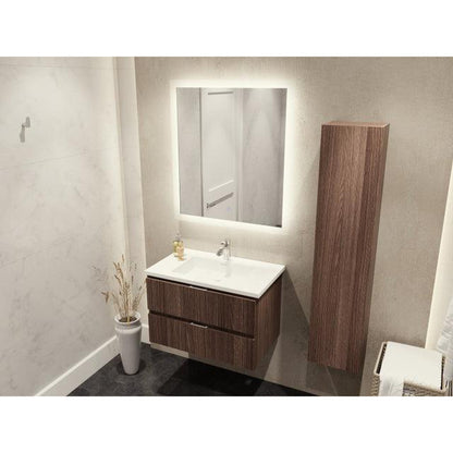 ANZZI Conques Series 30" x 20" Dark Brown Solid Wood Bathroom Vanity With Glossy White Countertop With Sink, 30" LED Mirror and Side Cabinet