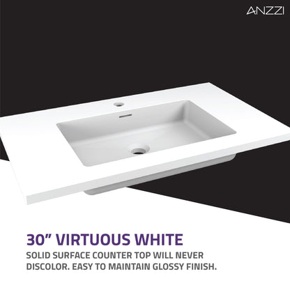 ANZZI Conques Series 30" x 20" Dark Brown Solid Wood Bathroom Vanity With Glossy White Countertop With Sink and 30" LED Mirror