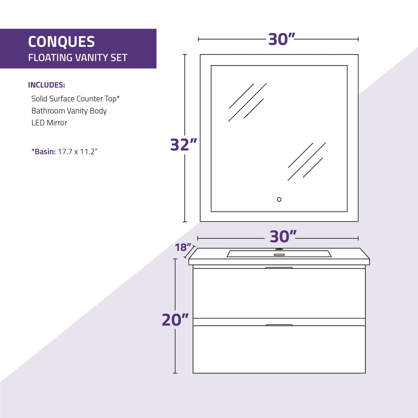 ANZZI Conques Series 30" x 20" Dark Brown Solid Wood Bathroom Vanity With Glossy White Countertop With Sink and 30" LED Mirror