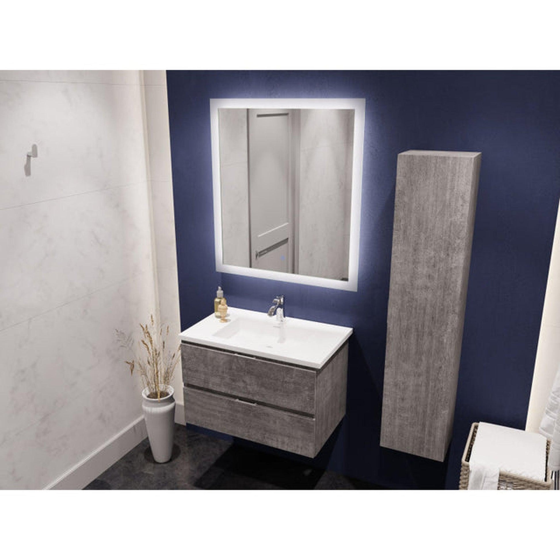 ANZZI Conques Series 30" x 20" Rich Gray Solid Wood Bathroom Vanity With Glossy White Countertop With Sink, 30" LED Mirror and Side Cabinet