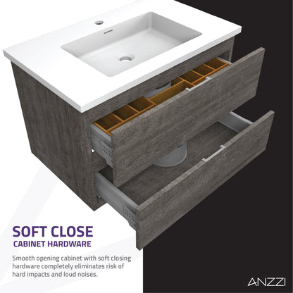 ANZZI Conques Series 30" x 20" Rich Gray Solid Wood Bathroom Vanity With Glossy White Countertop With Sink, 30" LED Mirror and Side Cabinet