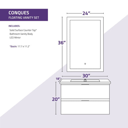 ANZZI Conques Series 30" x 20" Rich Gray Solid Wood Bathroom Vanity With Glossy White Countertop With Sink and 24" LED Mirror