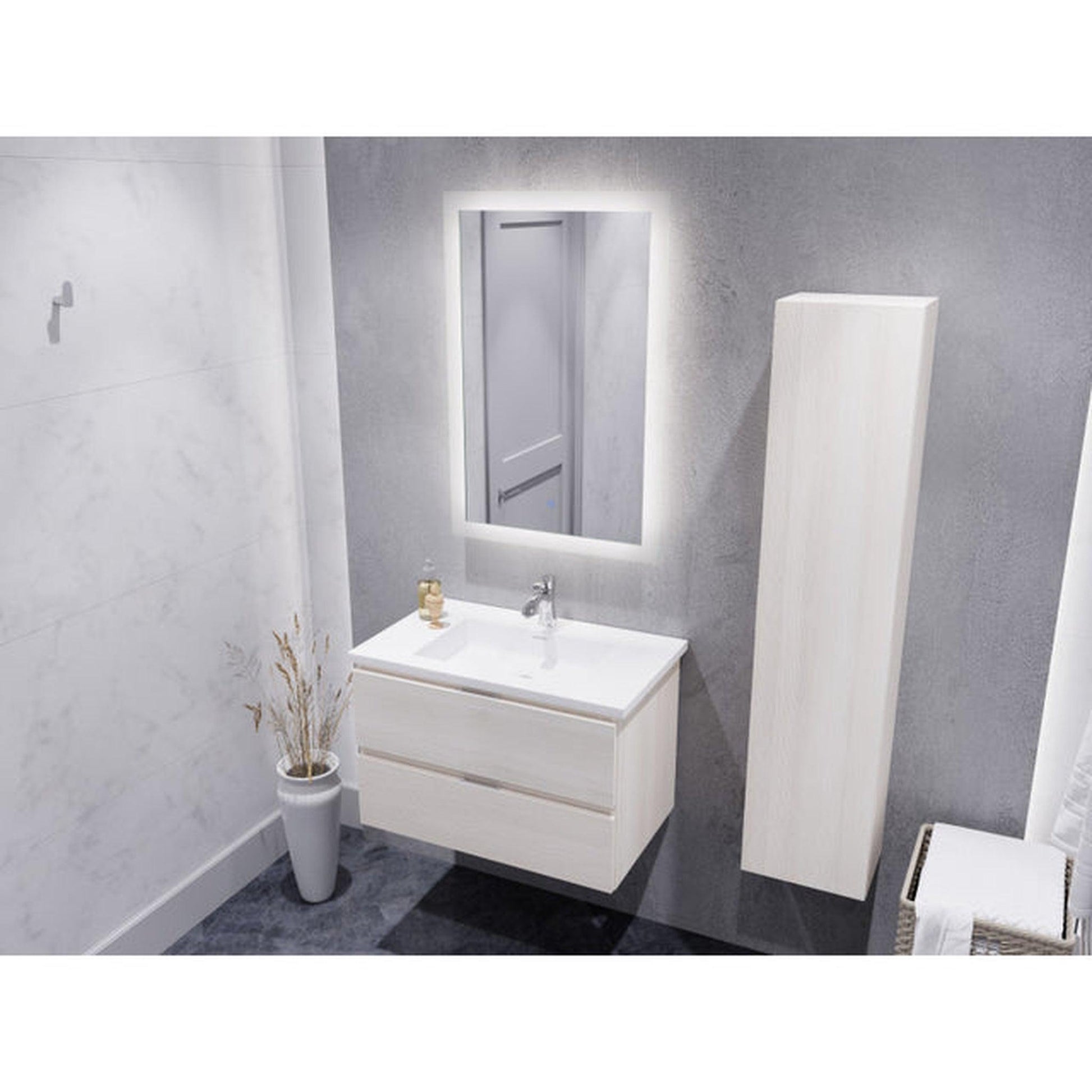 ANZZI Conques Series 30" x 20" Rich White Solid Wood Bathroom Vanity With Glossy White Countertop With Sink, 24" LED Mirror and Side Cabinet