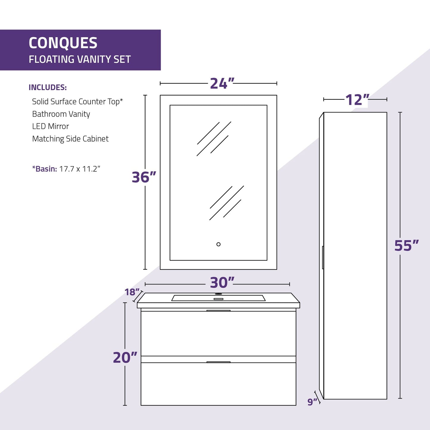 ANZZI Conques Series 30" x 20" Rich White Solid Wood Bathroom Vanity With Glossy White Countertop With Sink, 24" LED Mirror and Side Cabinet