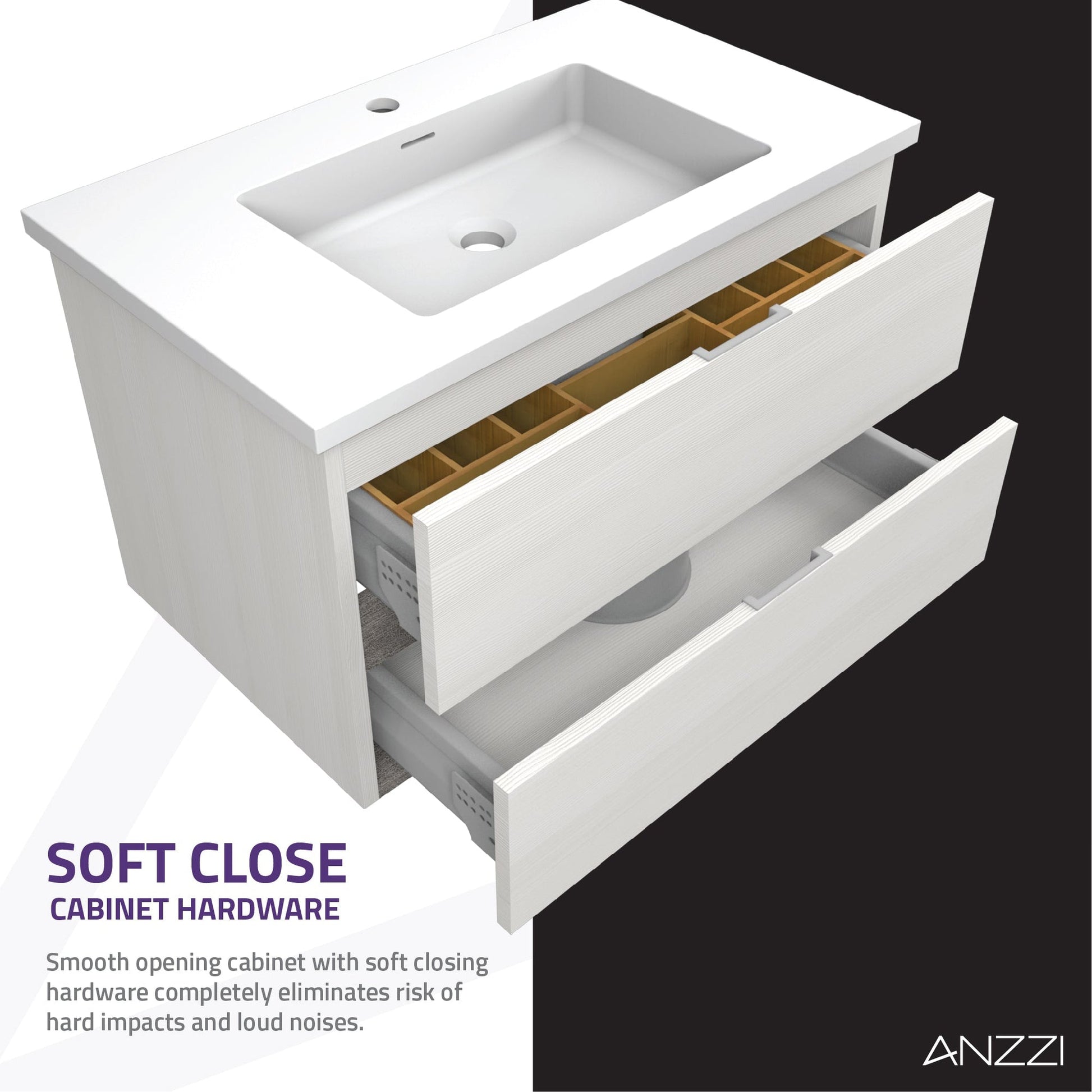 ANZZI Conques Series 30" x 20" Rich White Solid Wood Bathroom Vanity With Glossy White Countertop With Sink, 24" LED Mirror and Side Cabinet