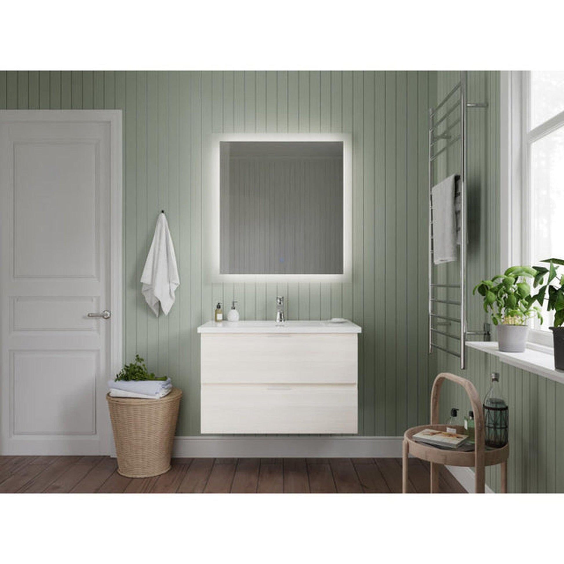 ANZZI Conques Series 30" x 20" Rich White Solid Wood Bathroom Vanity With Glossy White Countertop With Sink and 30" LED Mirror