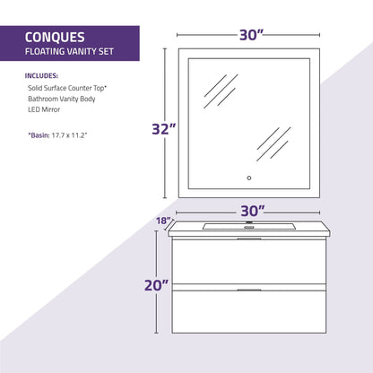 ANZZI Conques Series 30" x 20" Rich White Solid Wood Bathroom Vanity With Glossy White Countertop With Sink and 30" LED Mirror