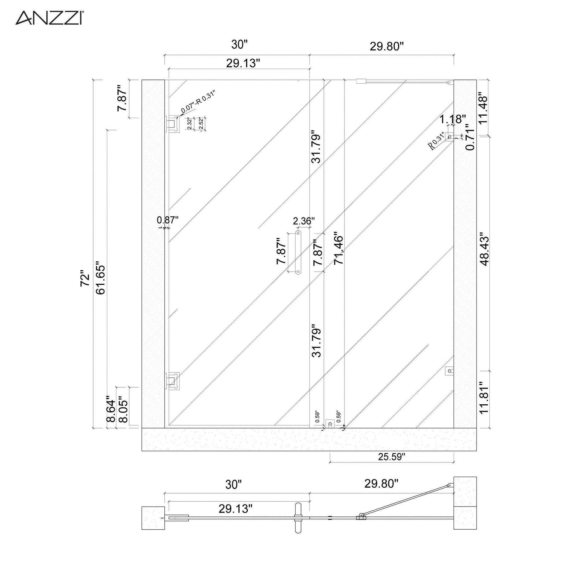 ANZZI Consort Series 60" x 72" Frameless Alcove Brushed Nickel Hinged Shower Door With Handle and Tsunami Guard