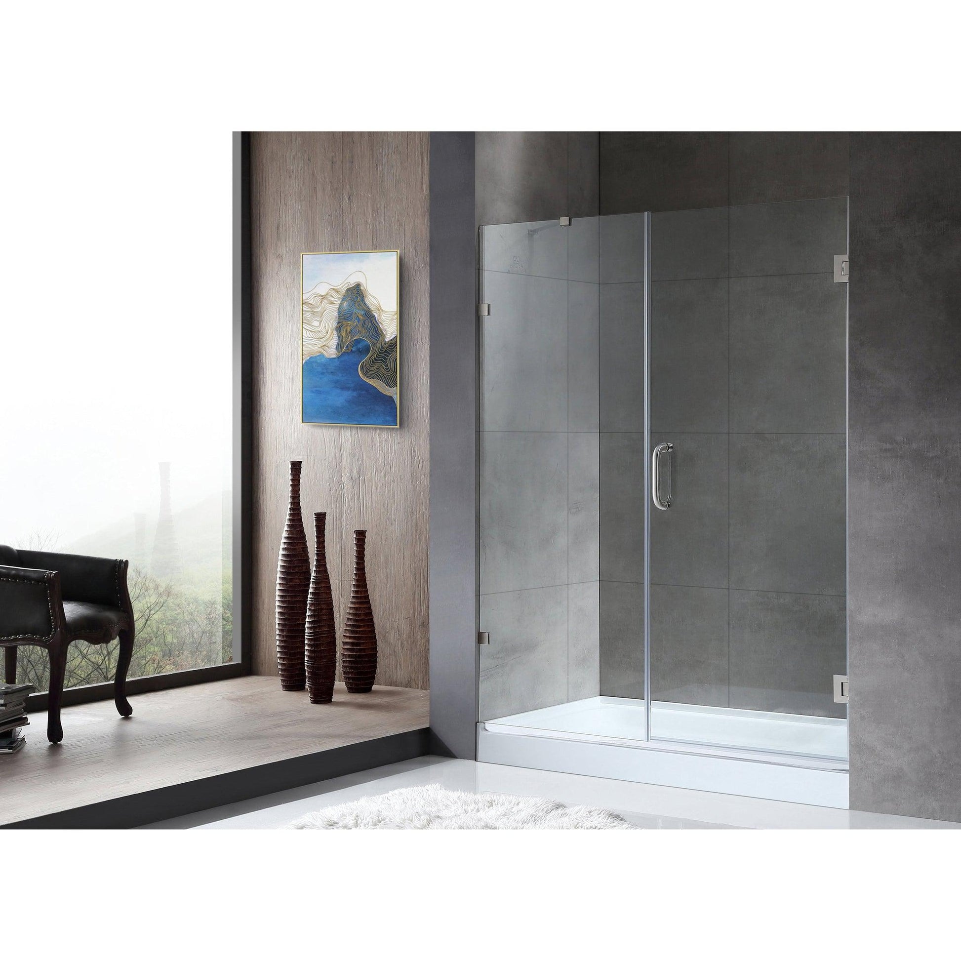 ANZZI Consort Series 60" x 72" Frameless Alcove Brushed Nickel Hinged Shower Door With Handle and Tsunami Guard