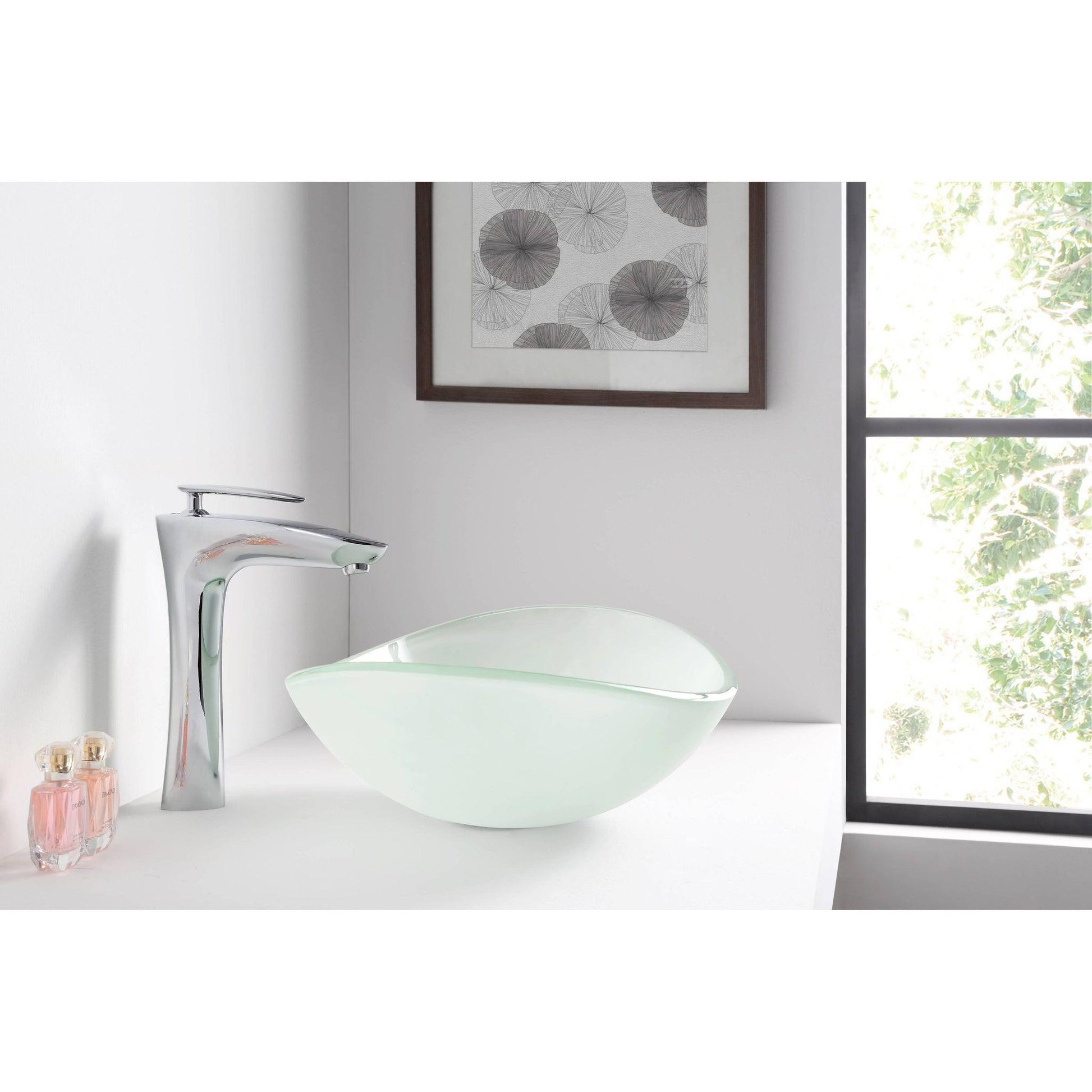 ANZZI Craft Series 21" x 15" Oval Shape Lustrous Frosted Deco-Glass Vessel Sink With Polished Chrome Pop-Up Drain