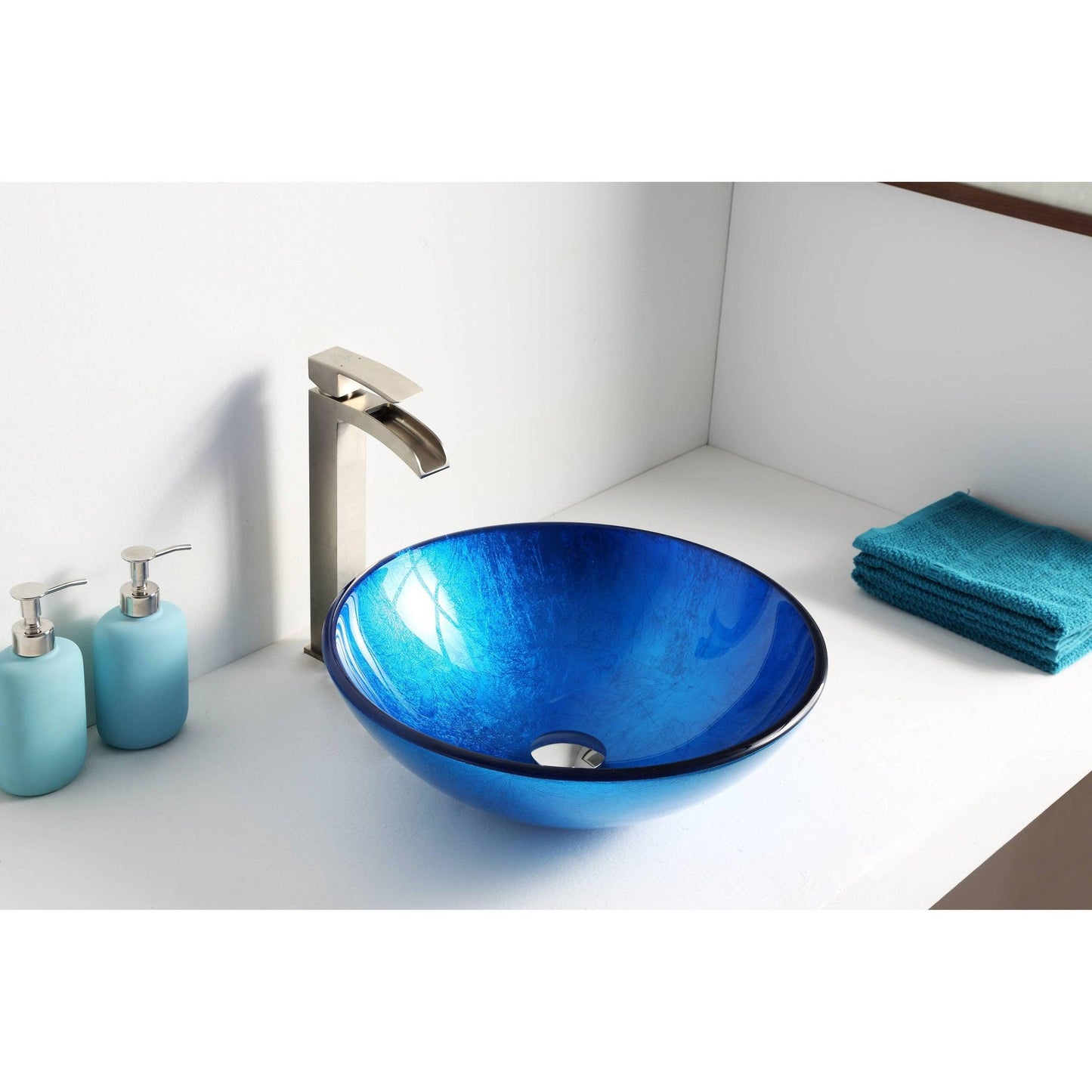 ANZZI Crow Series 17" x 17" Round Lustrous Blue Deco-Glass Vessel Sink With Polished Chrome Pop-Up Drain