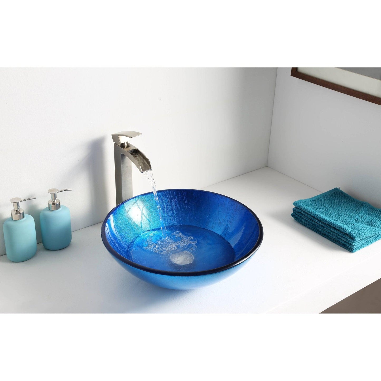 ANZZI Crow Series 17" x 17" Round Lustrous Blue Deco-Glass Vessel Sink With Polished Chrome Pop-Up Drain