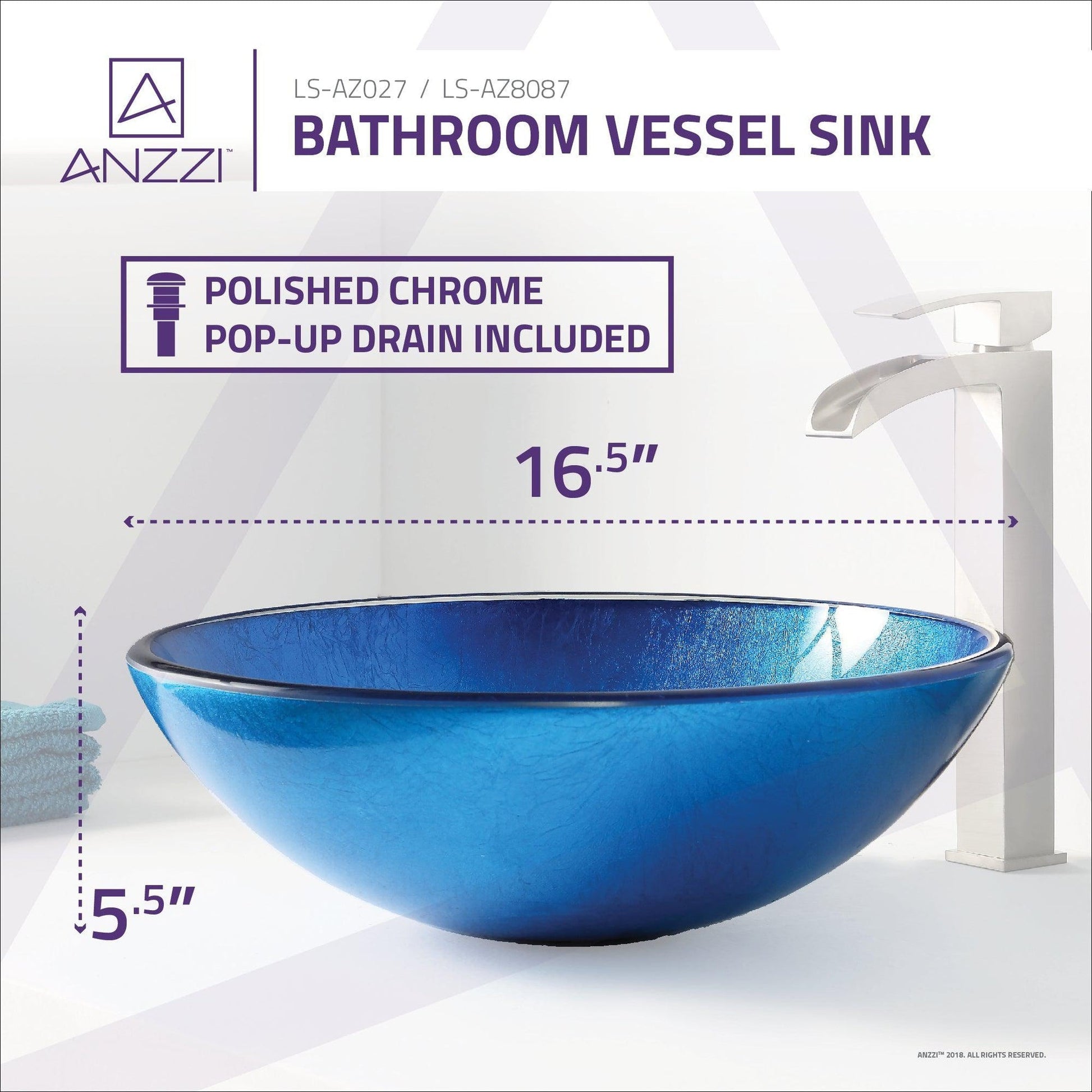 ANZZI Crow Series 17" x 17" Round Lustrous Blue Deco-Glass Vessel Sink With Polished Chrome Pop-Up Drain