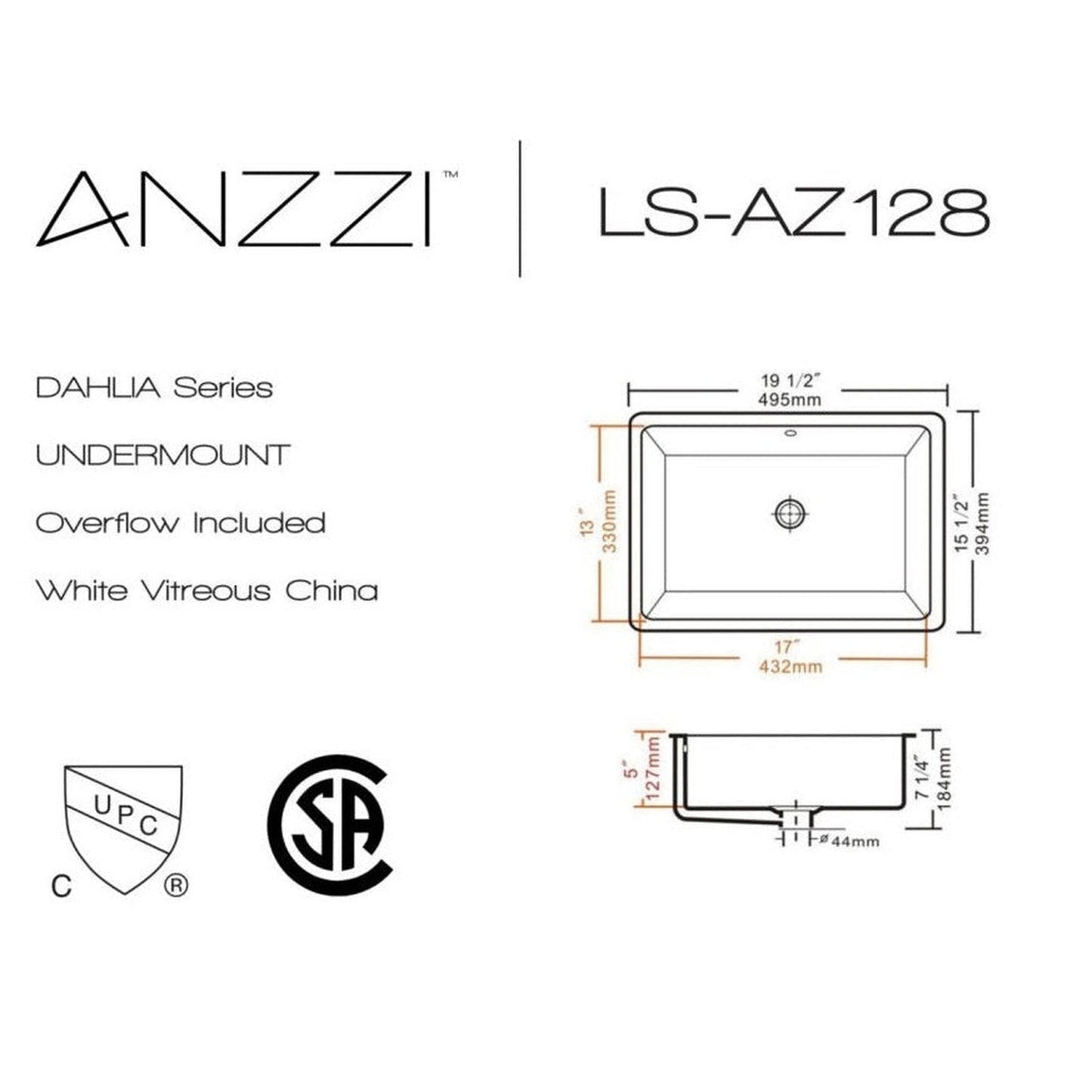 ANZZI Dahlia Series 20" x 16" Rectangular Glossy White Undermount Sink With Built-In Overflow