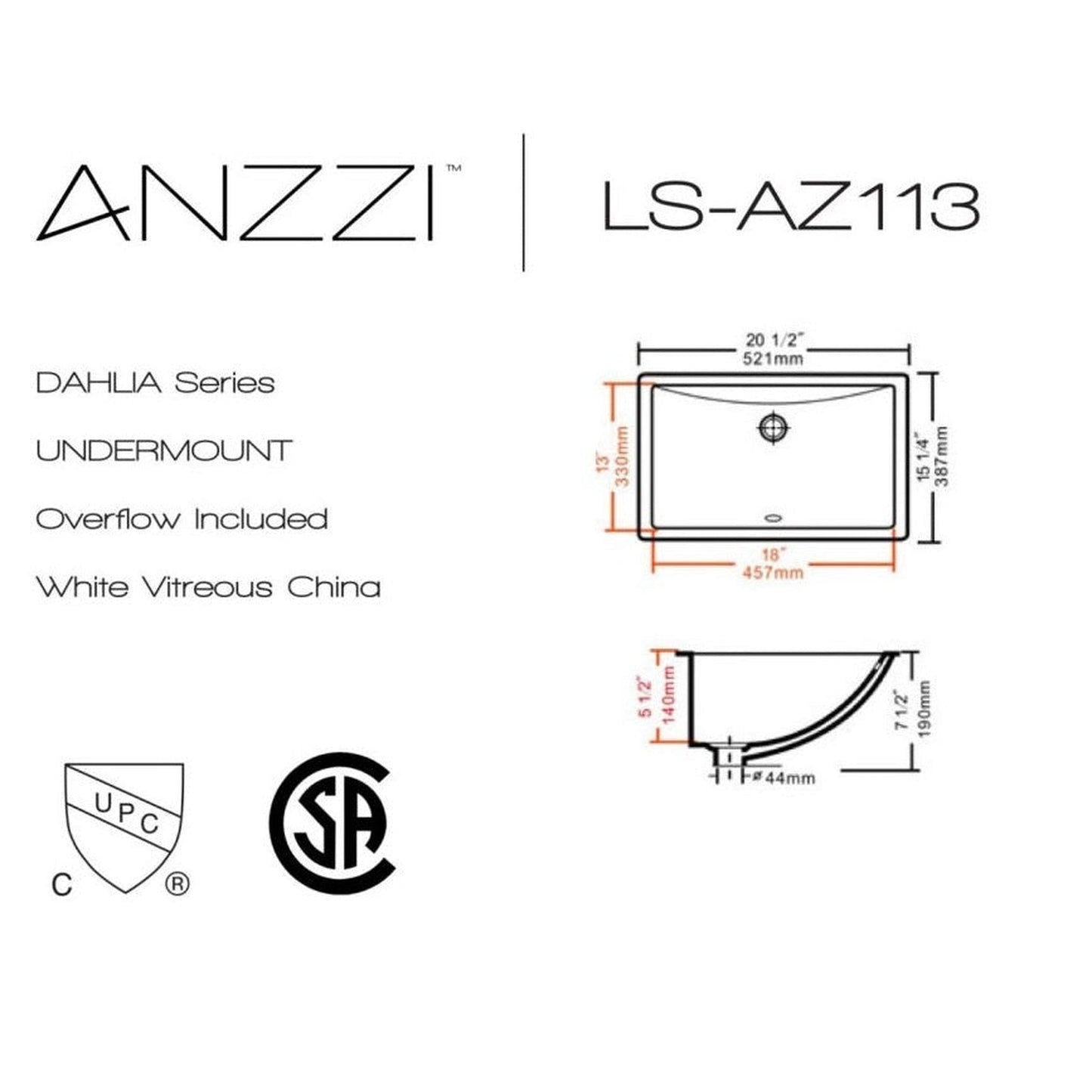 ANZZI Dahlia Series 21" x 15" Rectangular Glossy White Undermount Sink With Built-In Overflow