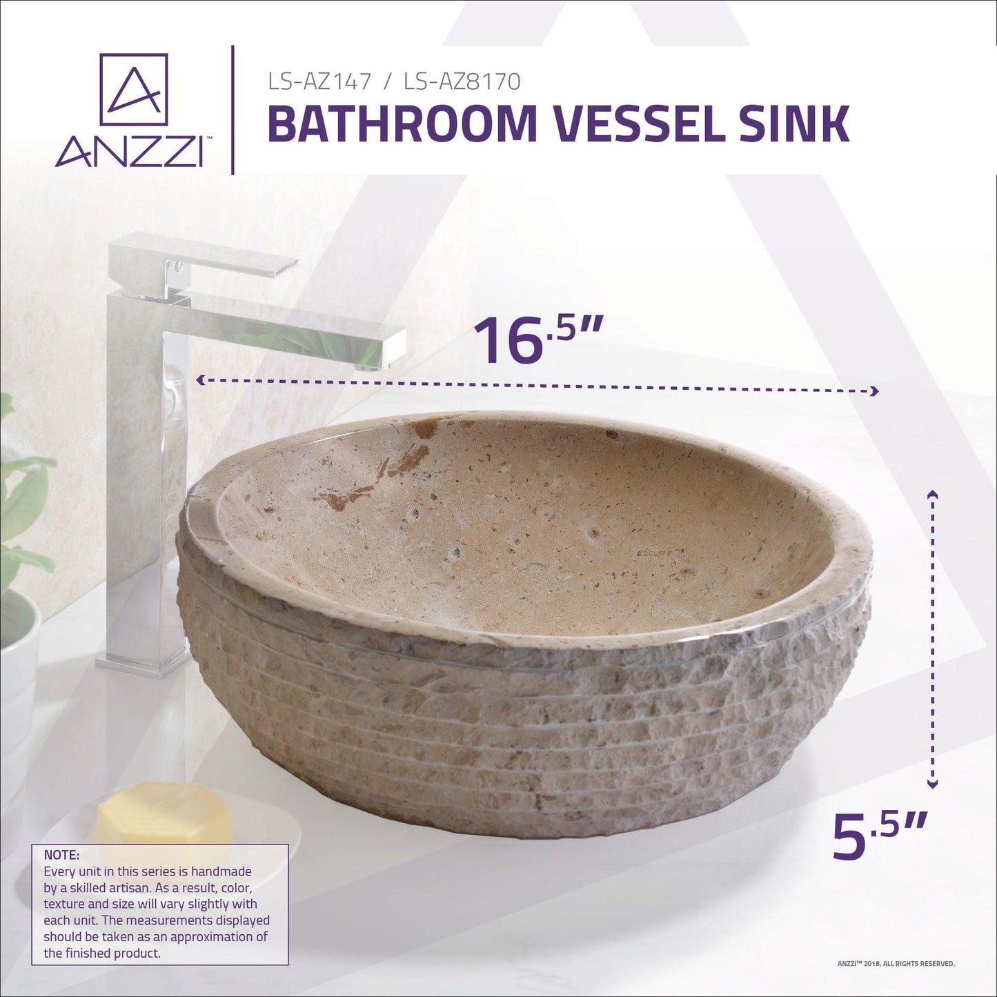 ANZZI Desert Basin Series 17" x 17" Round Cream Marble Vessel Sink