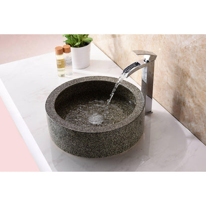 ANZZI Desert Crown Series 17" x 17" Round Black Speckled Stone Vessel Sink With Polished Chrome Pop-Up Drain