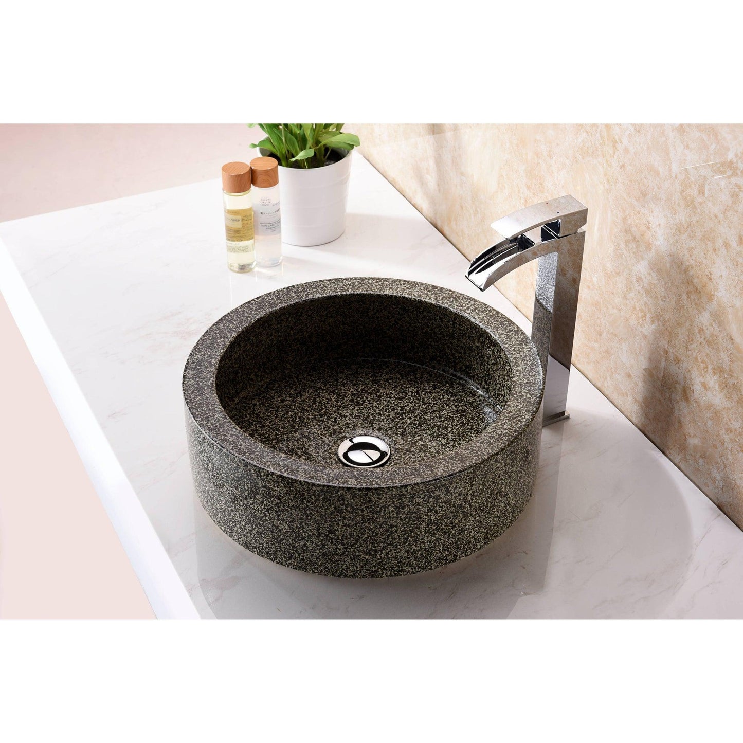 ANZZI Desert Crown Series 17" x 17" Round Black Speckled Stone Vessel Sink With Polished Chrome Pop-Up Drain